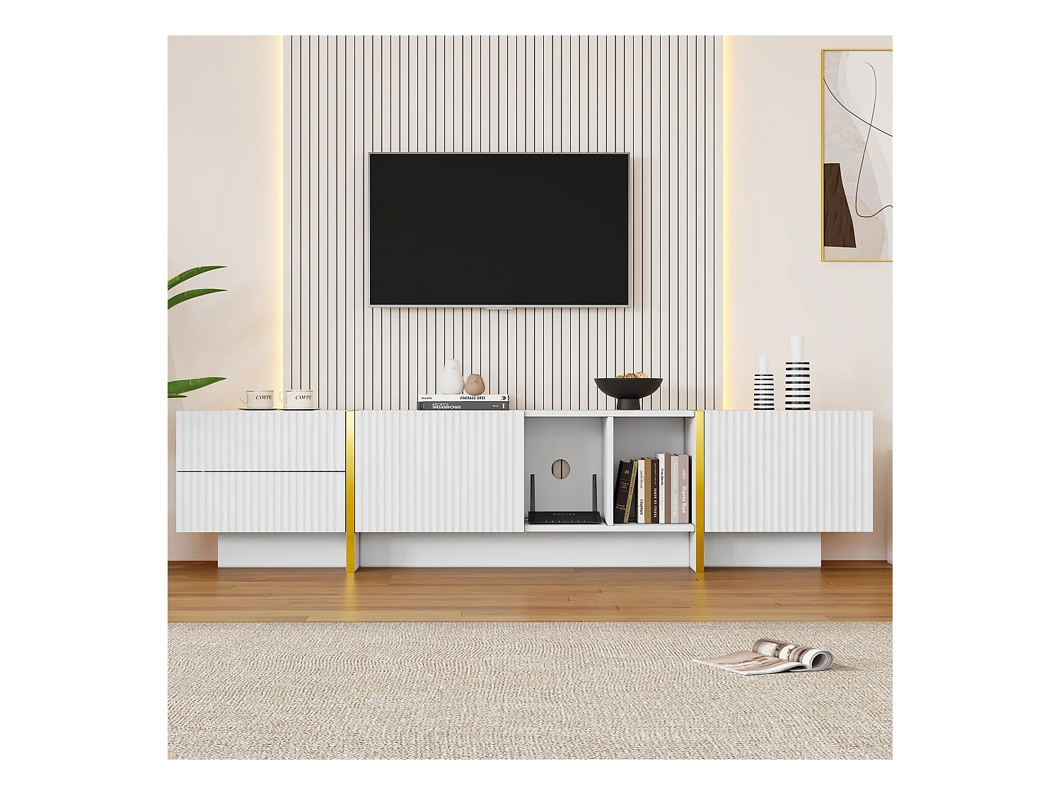 Mueble de TV blanco de 190 cm, diseño moderno, 2 puertas, 2 cajones, almacenamiento para TV de 80 pulgadas