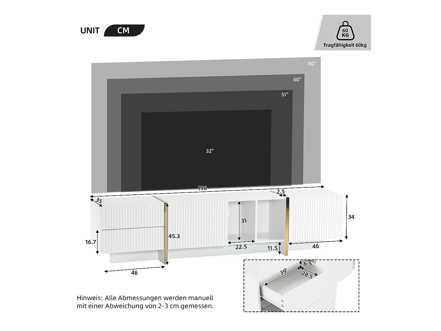Mueble de TV blanco de 190 cm, diseño moderno, 2 puertas, 2 cajones, almacenamiento para TV de 80 pulgadas