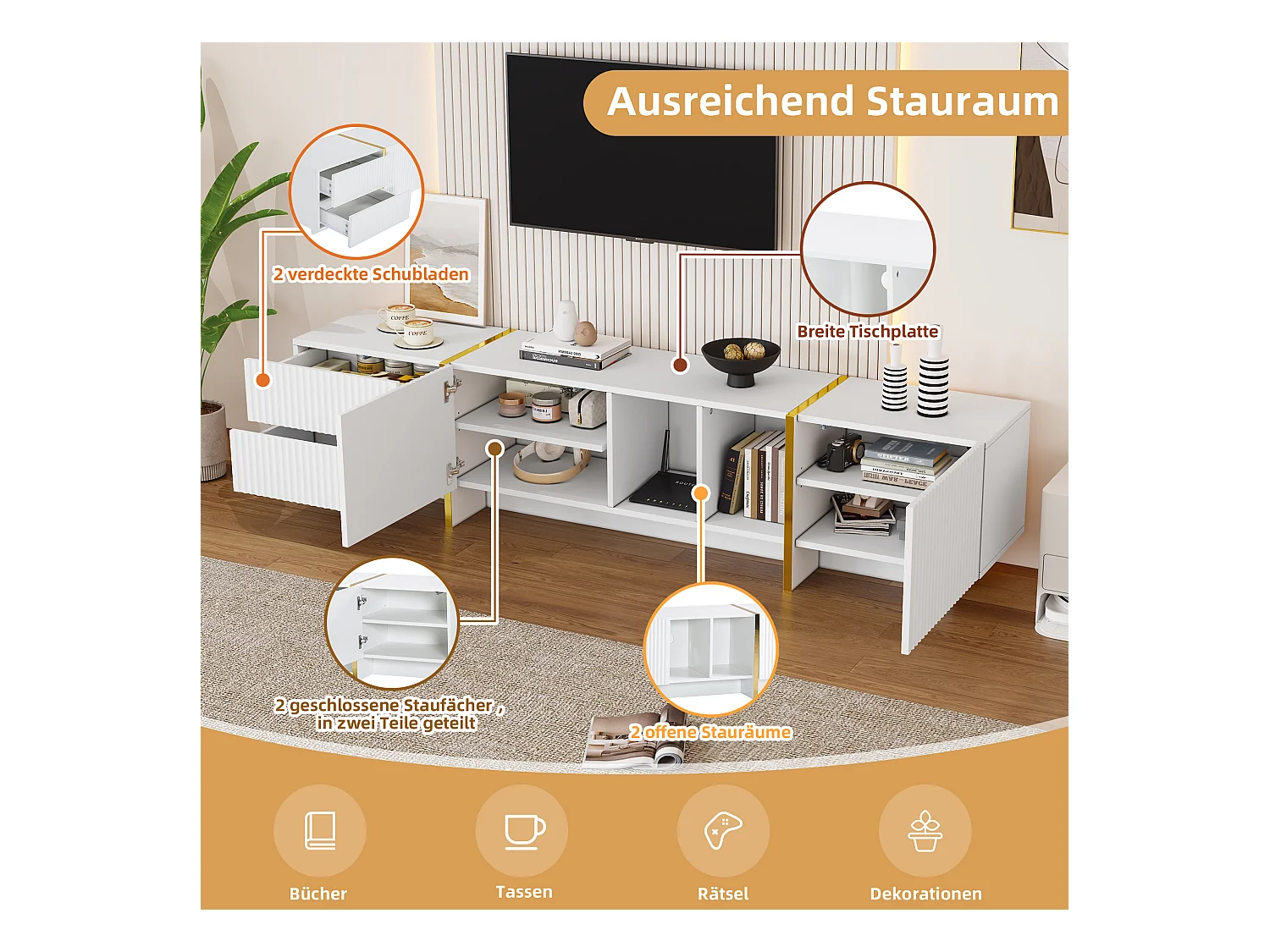 Mueble de TV blanco de 190 cm, diseño moderno, 2 puertas, 2 cajones, almacenamiento para TV de 80 pulgadas