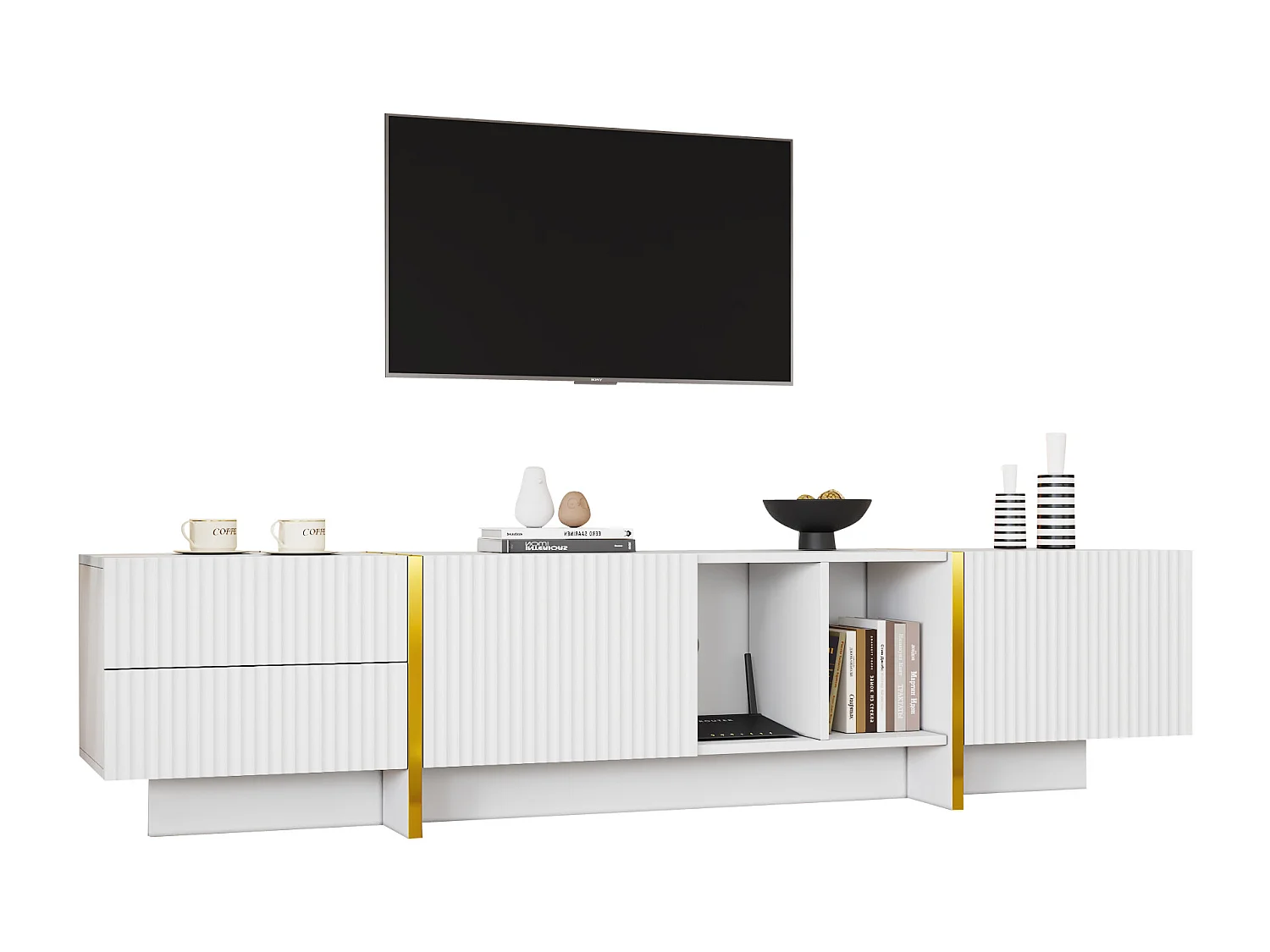 Mueble de TV blanco de 190 cm, diseño moderno, 2 puertas, 2 cajones, almacenamiento para TV de 80 pulgadas