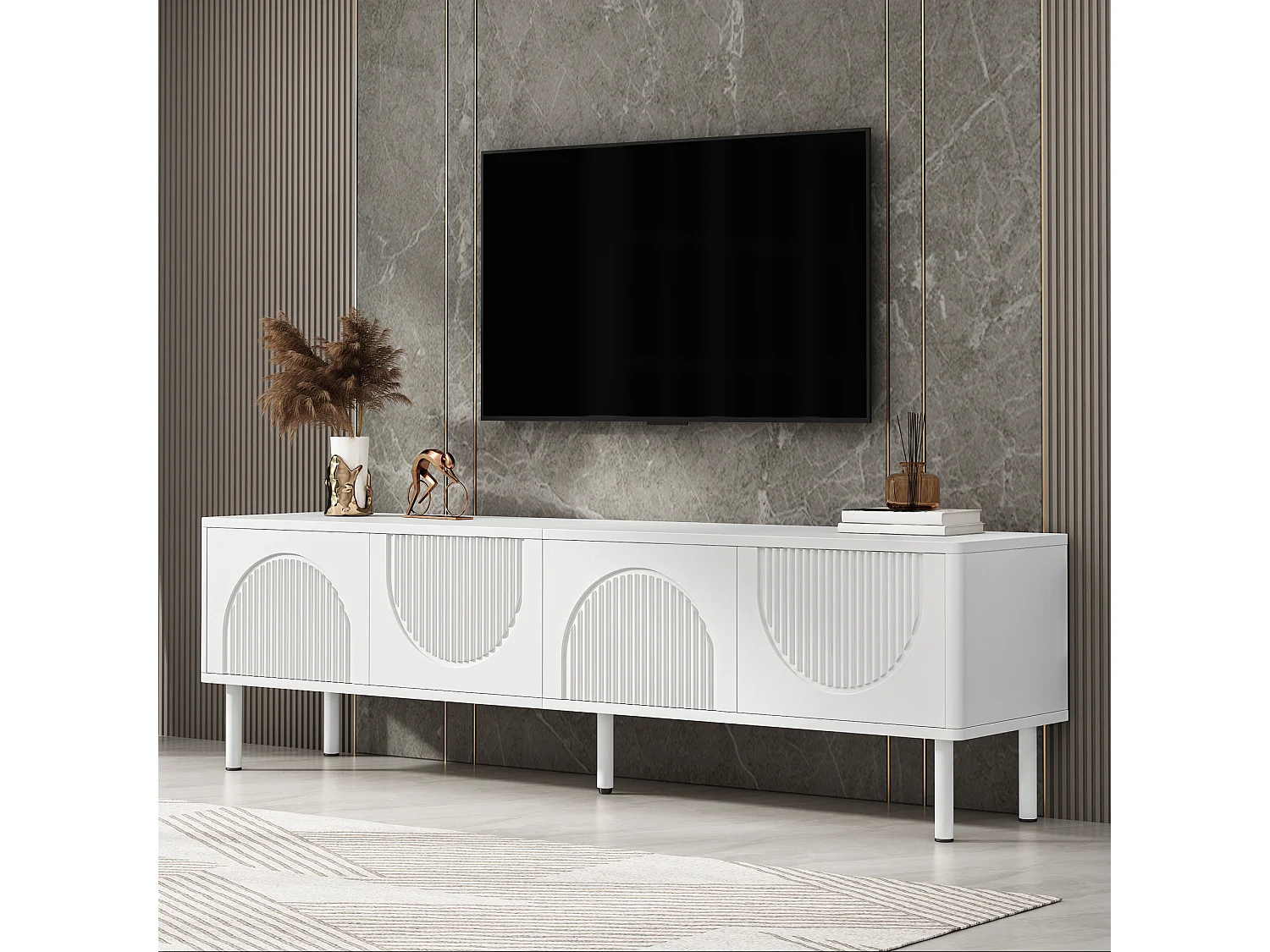 Móvel de TV baixo moderno 180 cm branco fosco 4 compartimentos de armazenamento sala de estar quarto corredor