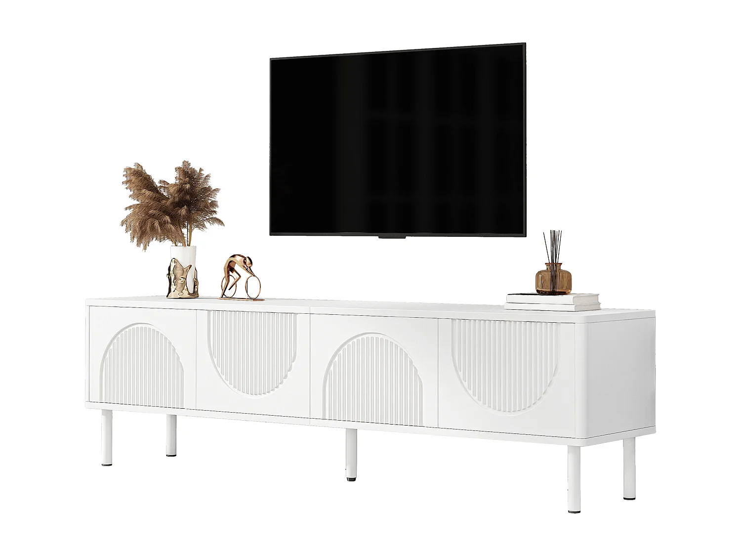 Móvel de TV baixo moderno 180 cm branco fosco 4 compartimentos de armazenamento sala de estar quarto corredor