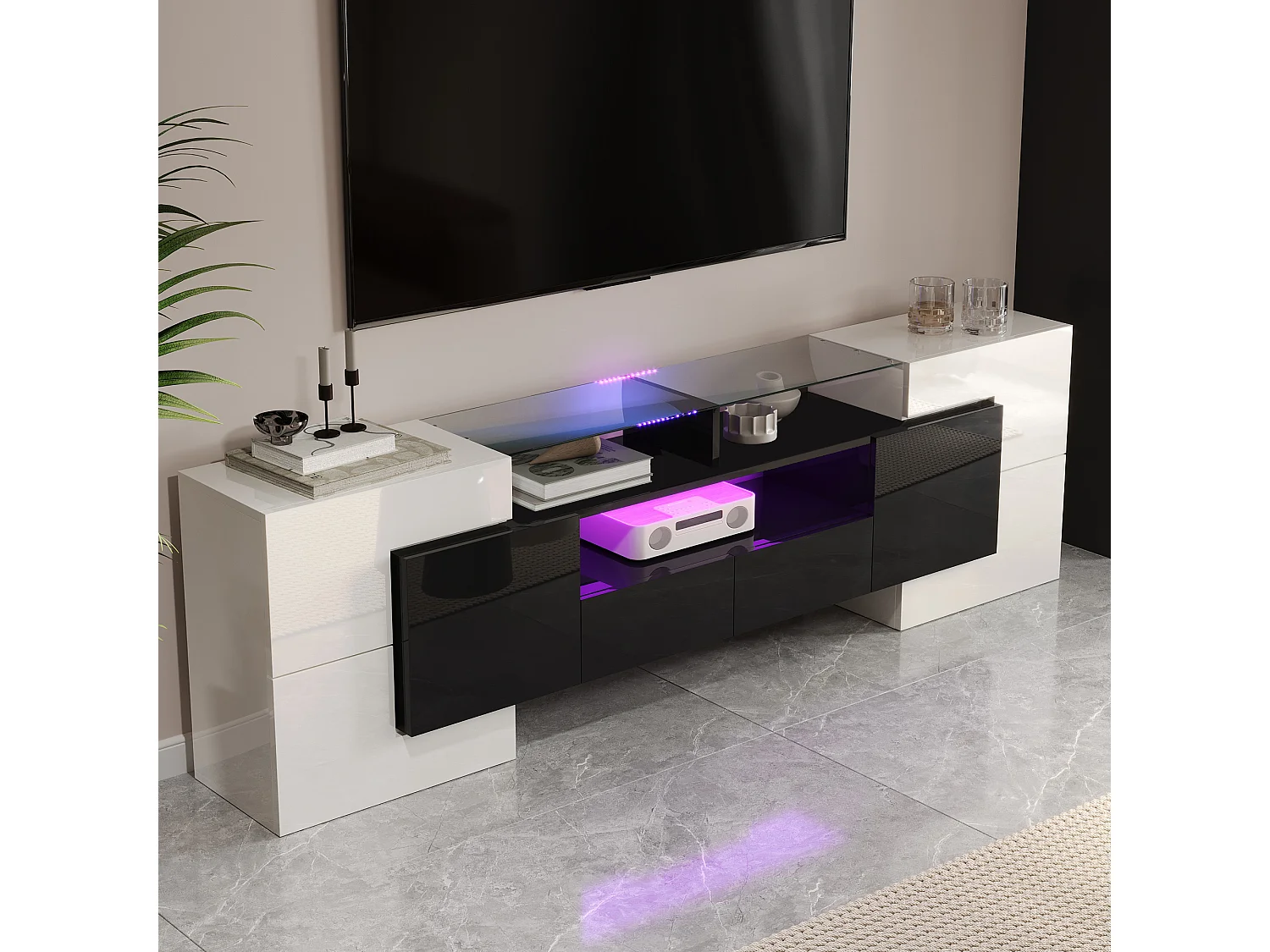 Meuble TV Design 200 cm Blanc Noir Brillant LED Rangement Moderne Salon Meuble Télé