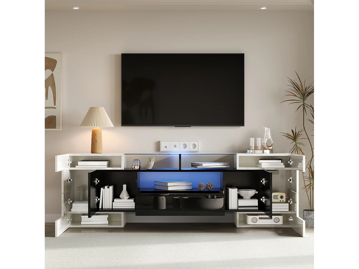 Meuble TV Design 200 cm Blanc Noir Brillant LED Rangement Moderne Salon Meuble Télé