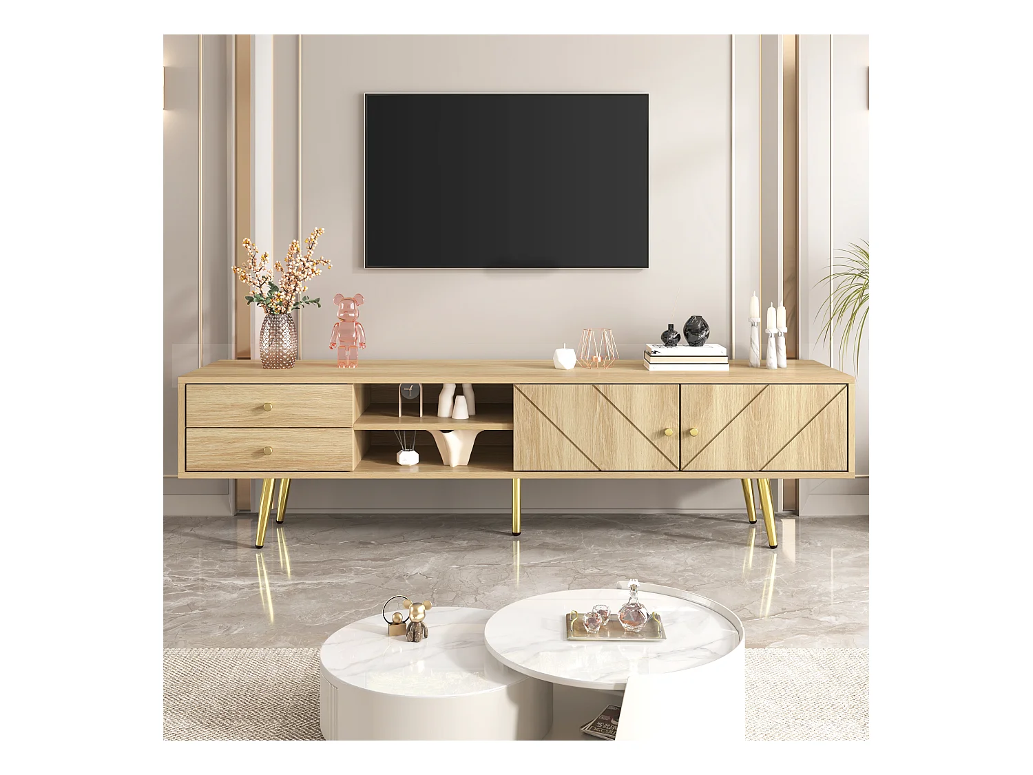 Mueble de TV de diseño de 160 cm con patas de madera y oro, 2 cajones y 2 puertas, almacenaje para salón.