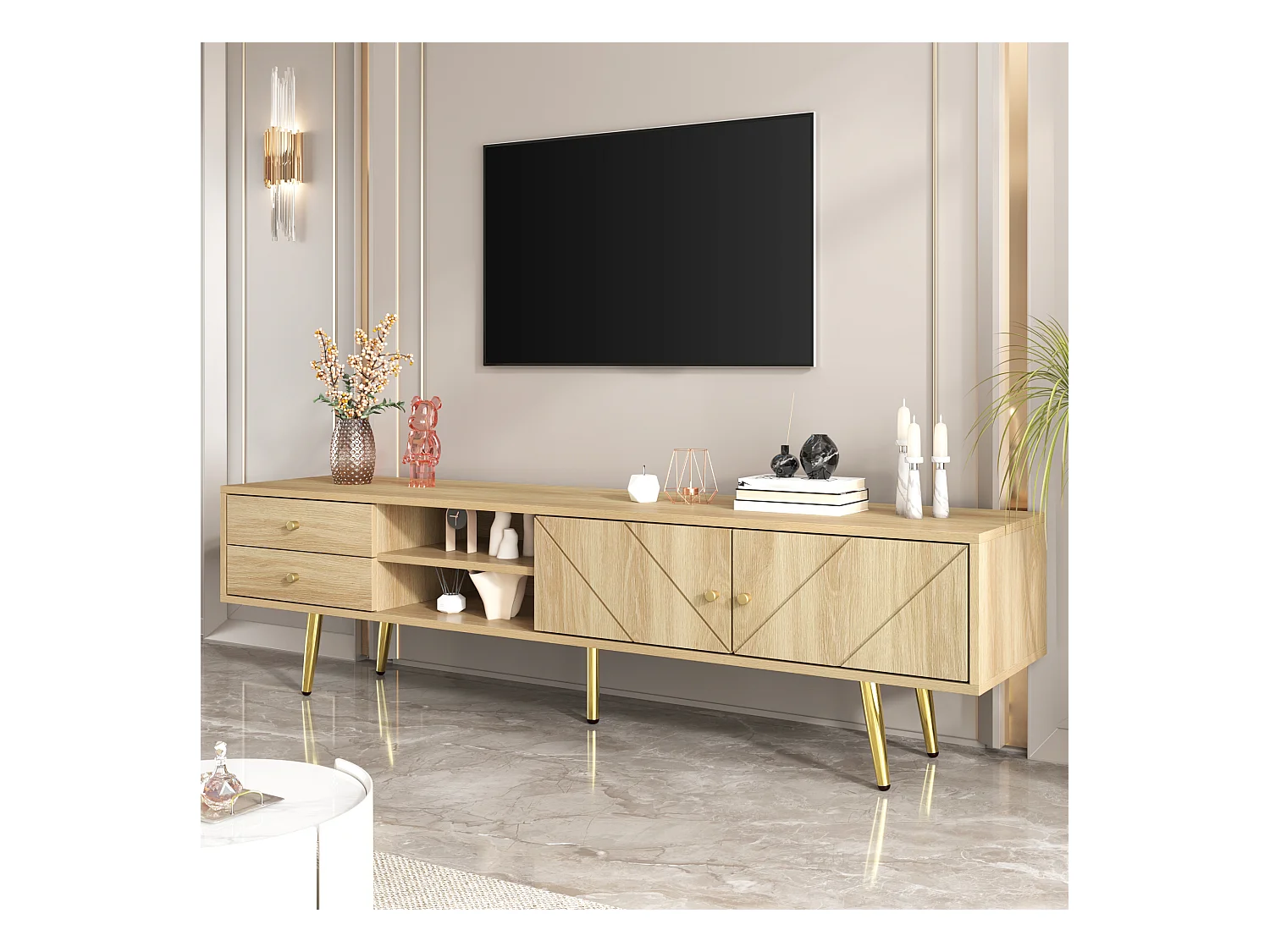 Mueble de TV de diseño de 160 cm con patas de madera y oro, 2 cajones y 2 puertas, almacenaje para salón.
