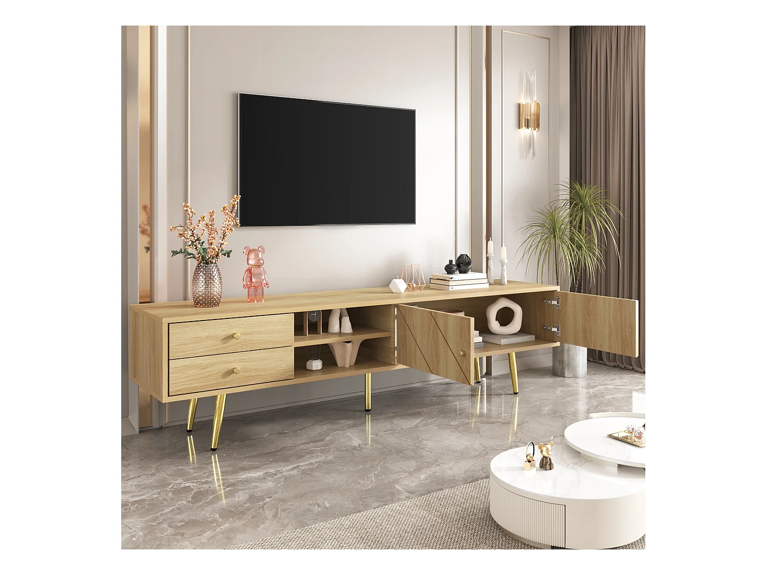 Mueble de TV de diseño de 160 cm con patas de madera y oro, 2 cajones y 2 puertas, almacenaje para salón.
