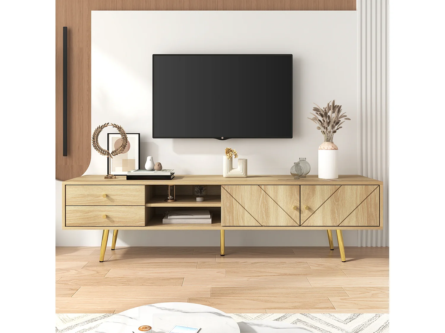Mueble de TV de diseño de 160 cm con patas de madera y oro, 2 cajones y 2 puertas, almacenaje para salón.