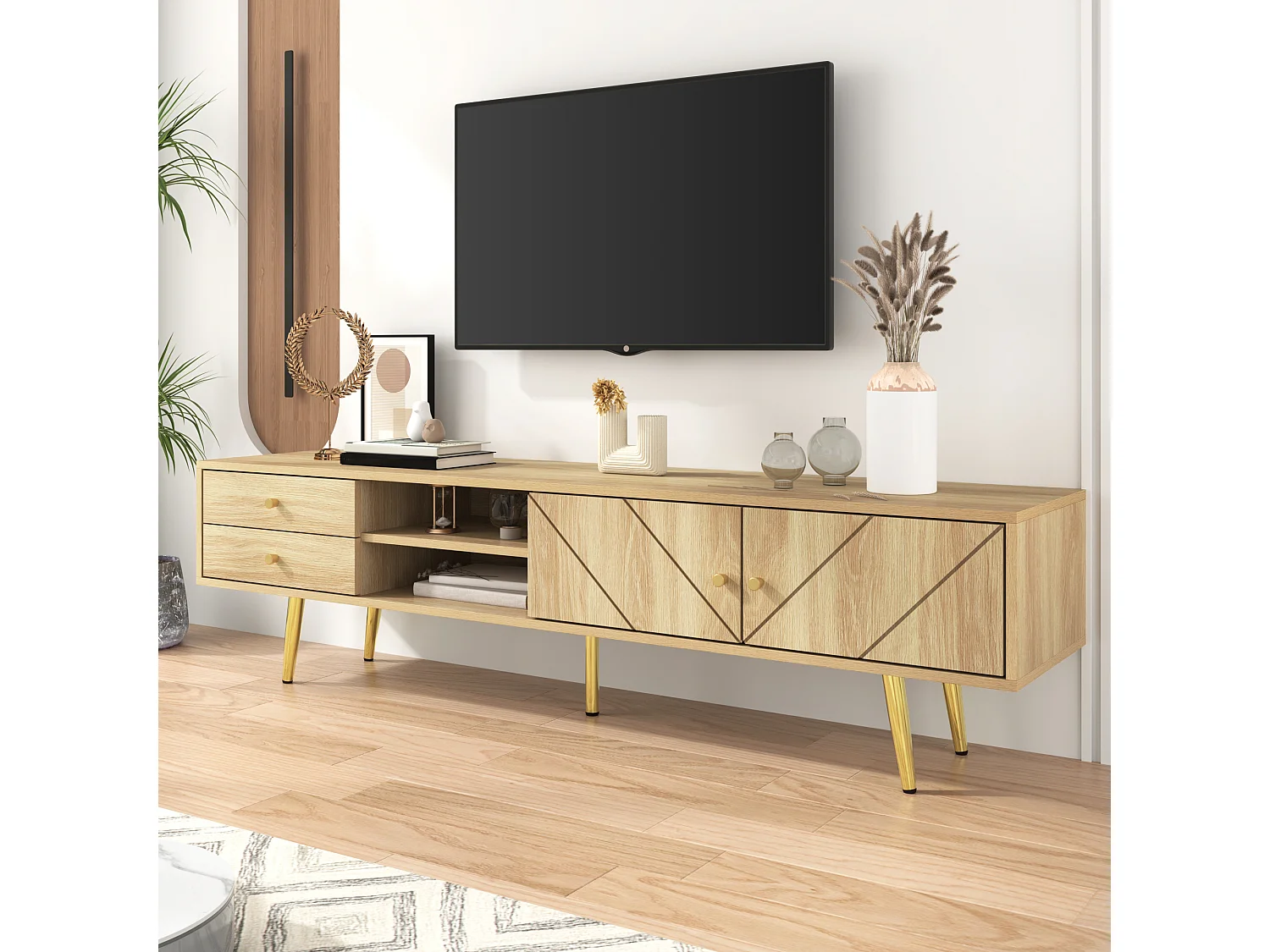 Mueble de TV de diseño de 160 cm con patas de madera y oro, 2 cajones y 2 puertas, almacenaje para salón.