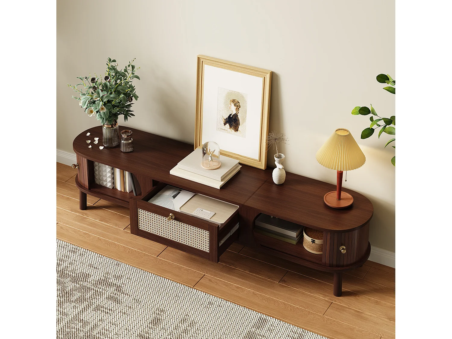 Mobile TV 170 cm Bois Massif et Rotin Naturel 2 Portes 2 Tiroirs Style Rustique pour Salon