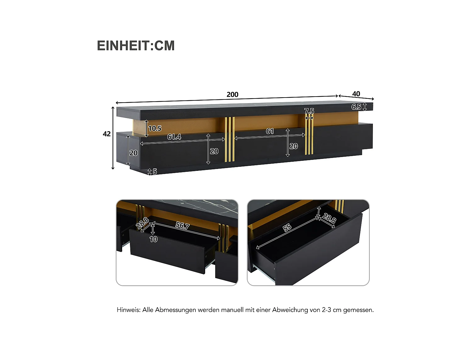 Mueble de TV negro de 200 cm con efecto mármol y 3 cajones para TV de 90 pulgadas. Sala de estar.