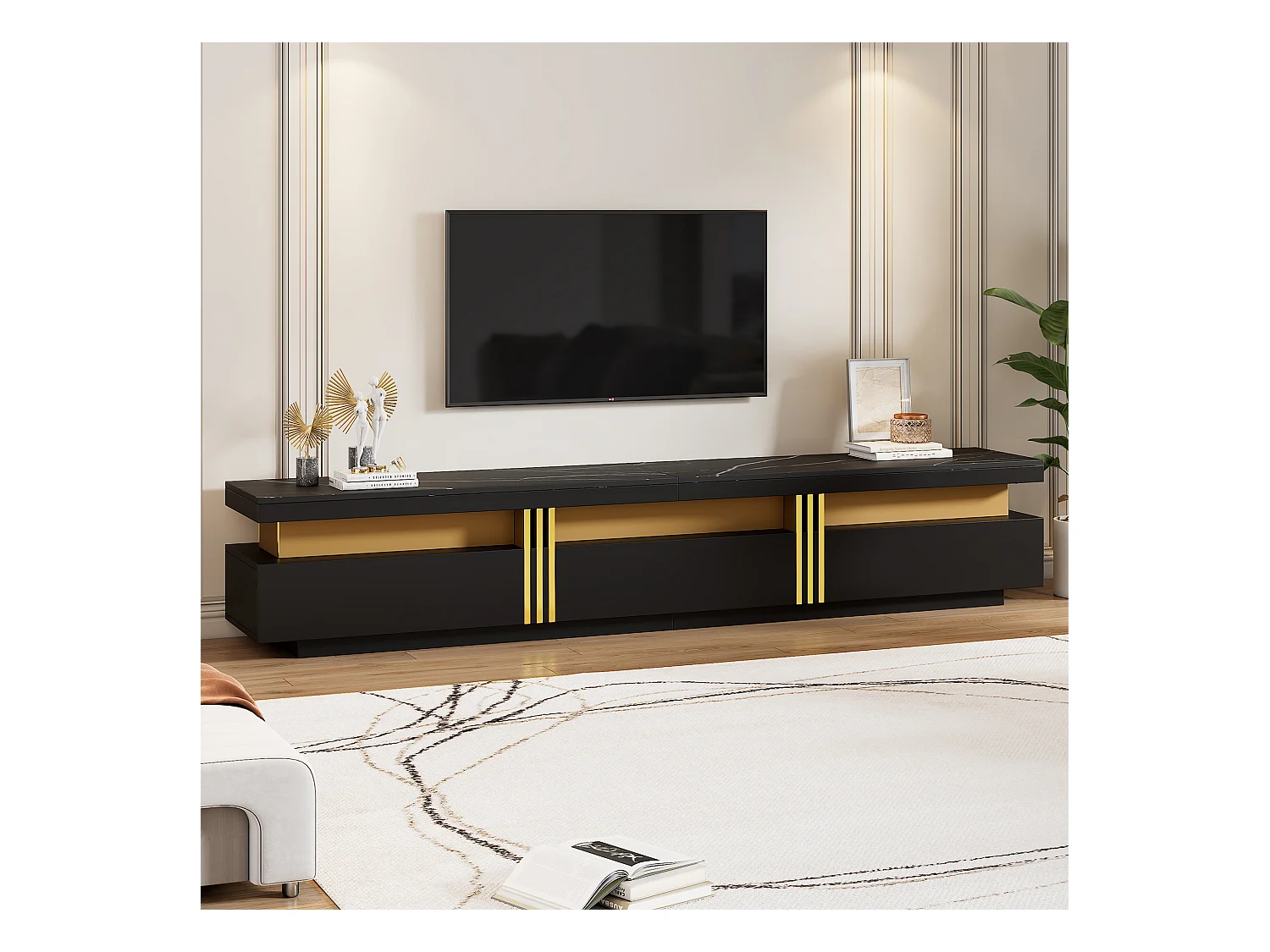 Mueble de TV negro de 200 cm con efecto mármol y 3 cajones para TV de 90 pulgadas. Sala de estar.