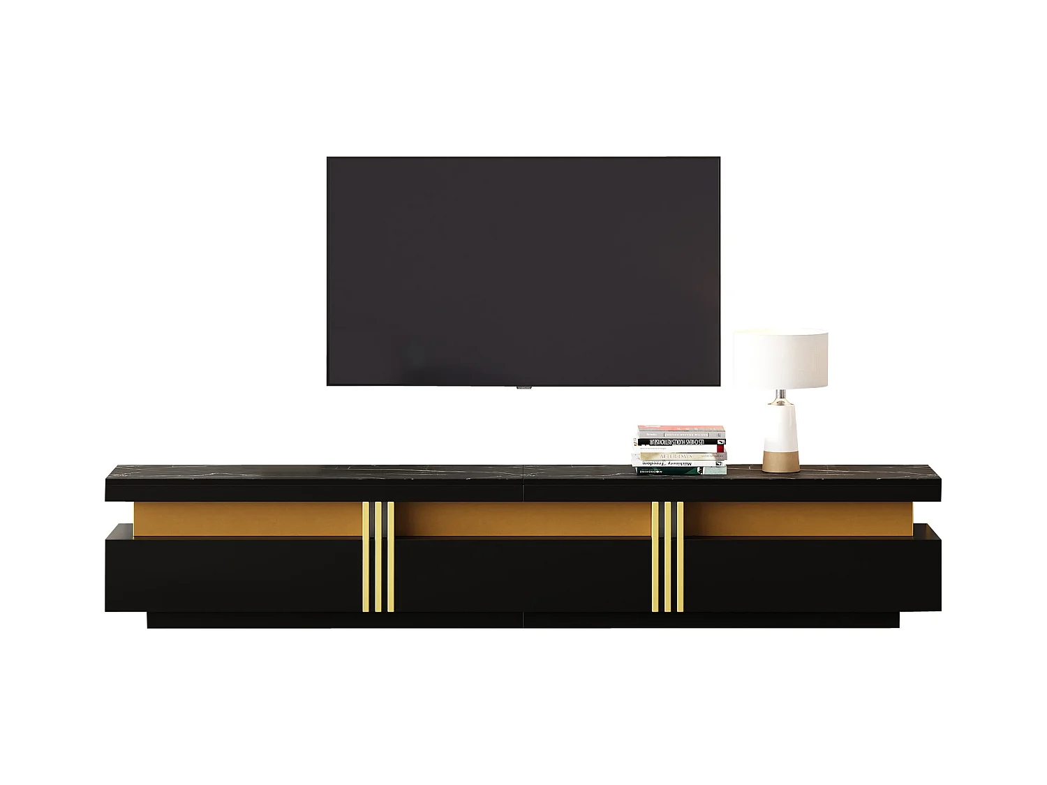 Mueble de TV negro de 200 cm con efecto mármol y 3 cajones para TV de 90 pulgadas. Sala de estar.