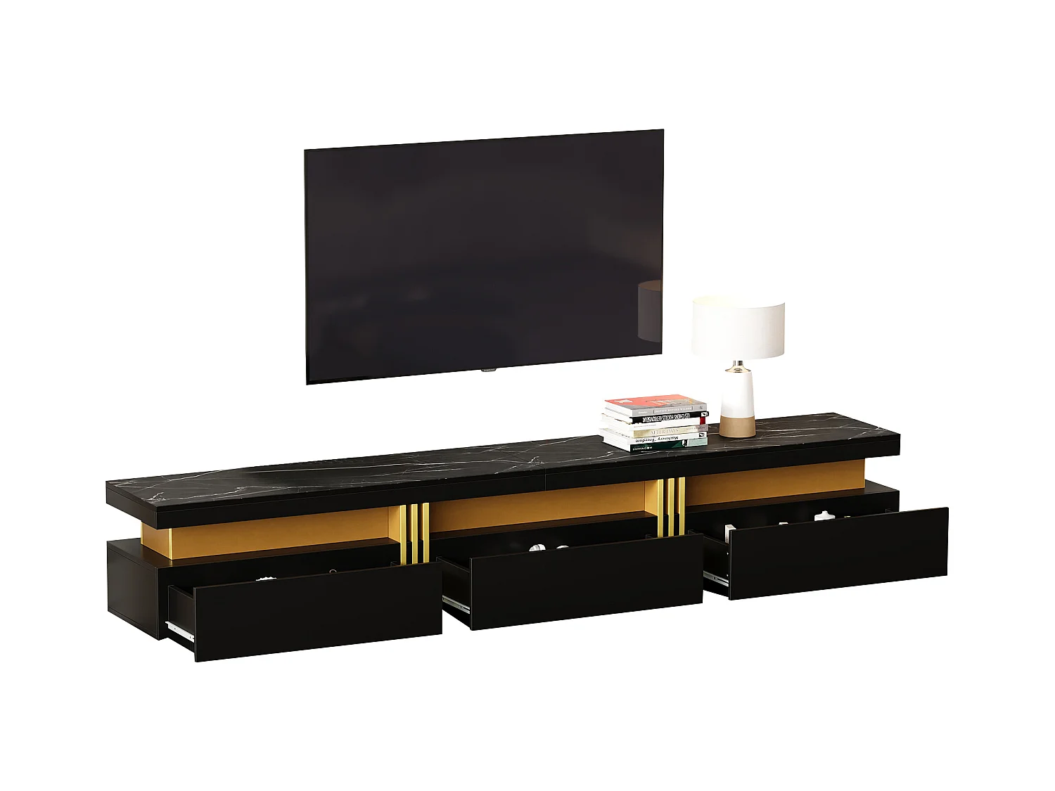 Mueble de TV negro de 200 cm con efecto mármol y 3 cajones para TV de 90 pulgadas. Sala de estar.