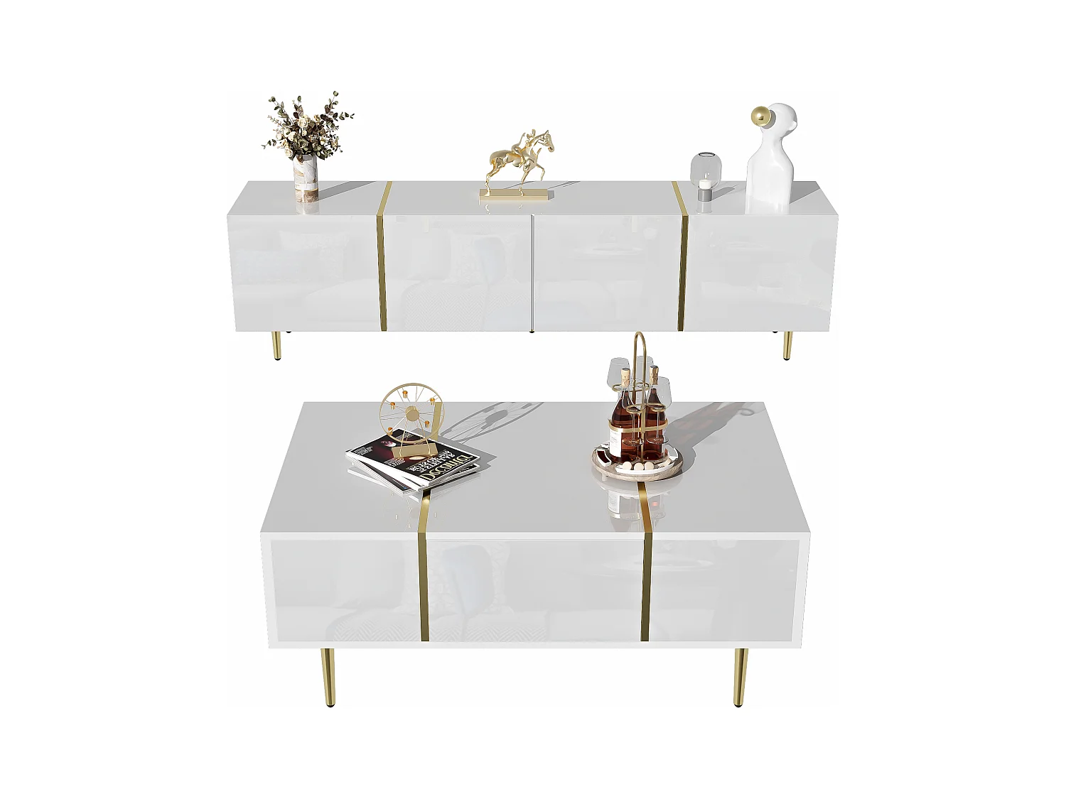 Mobile TV e tavolo basso 170 cm MDF bianco brillante con rangement salon moderne