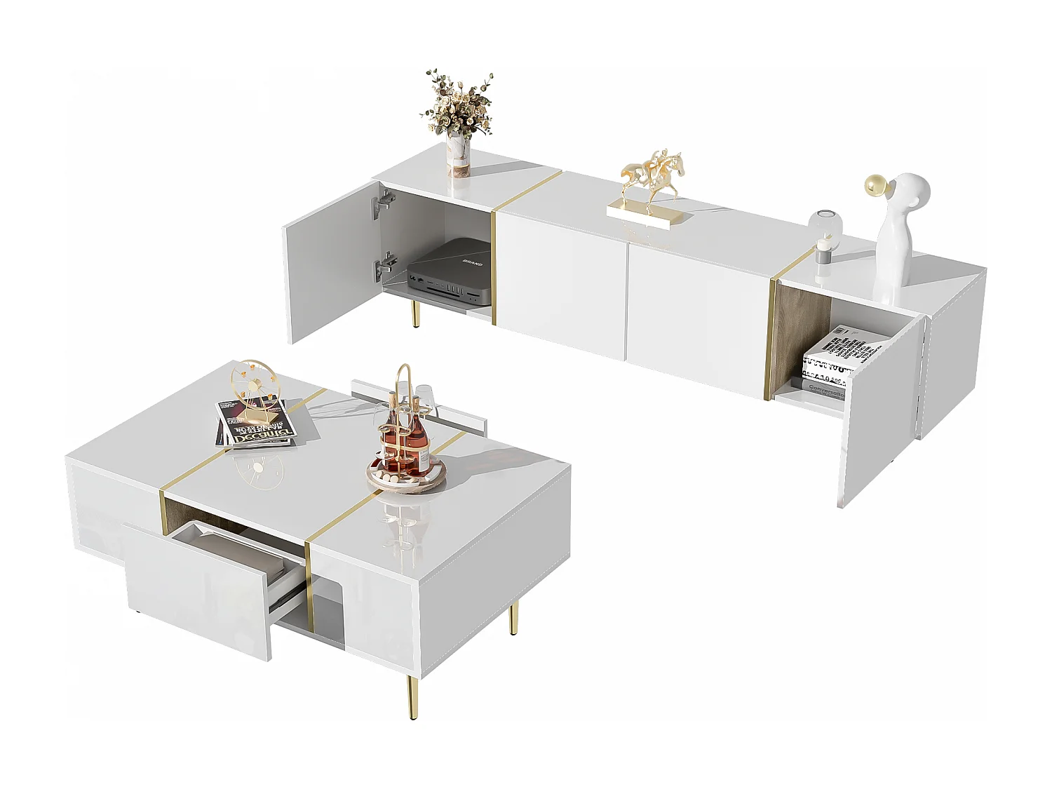 Mobile TV e tavolo basso 170 cm MDF bianco brillante con rangement salon moderne