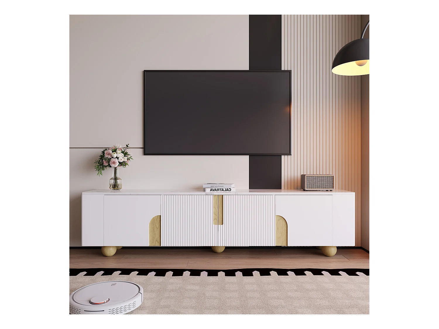 Móvel TV MDF 180 cm com 4 portas, madeira branca, design moderno, sala de estar