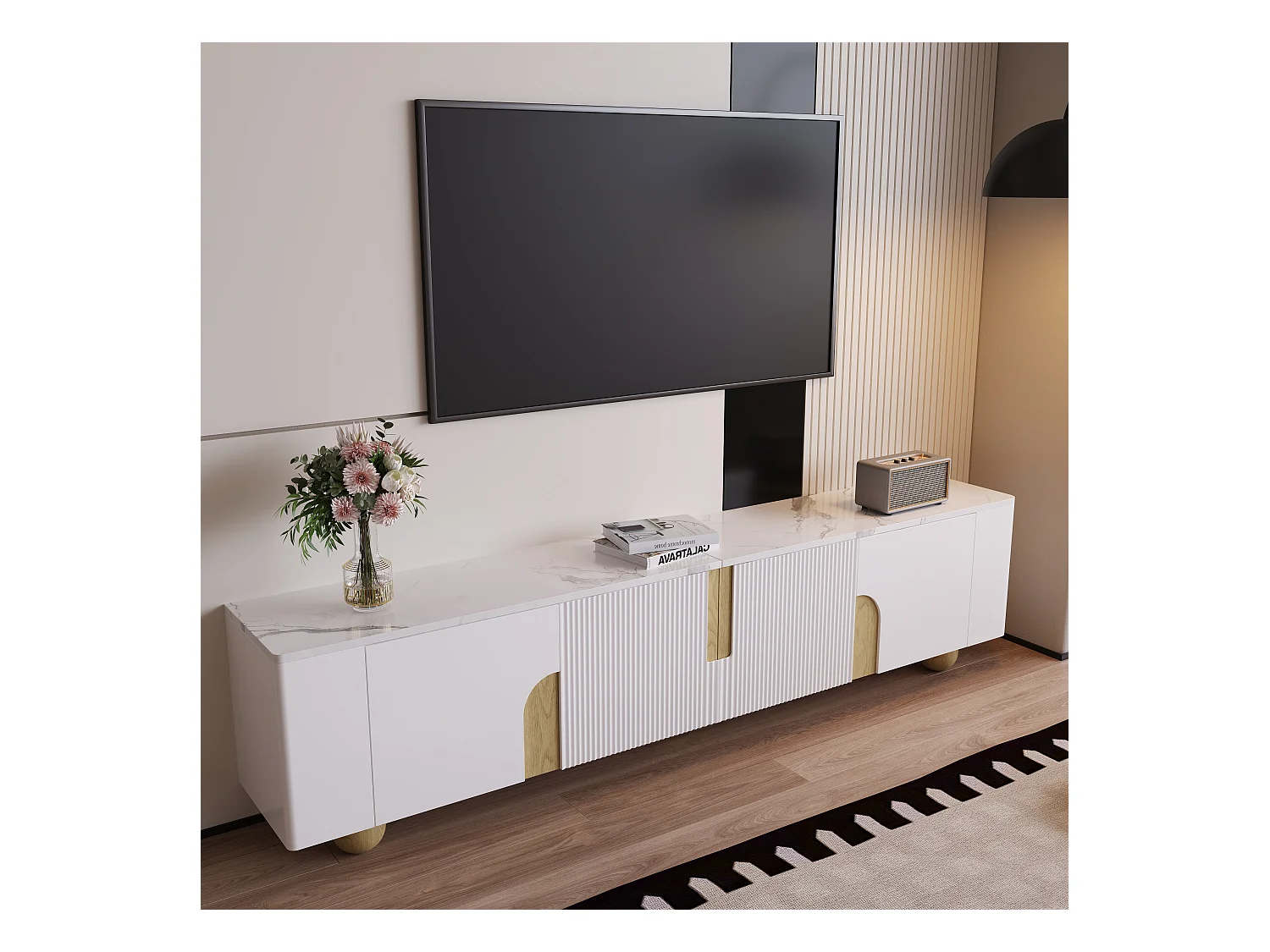 Móvel TV MDF 180 cm com 4 portas, madeira branca, design moderno, sala de estar