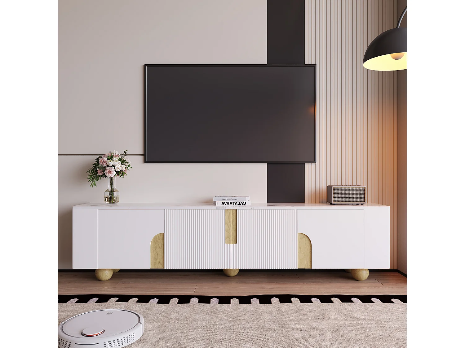 Móvel TV MDF 180 cm com 4 portas, madeira branca, design moderno, sala de estar