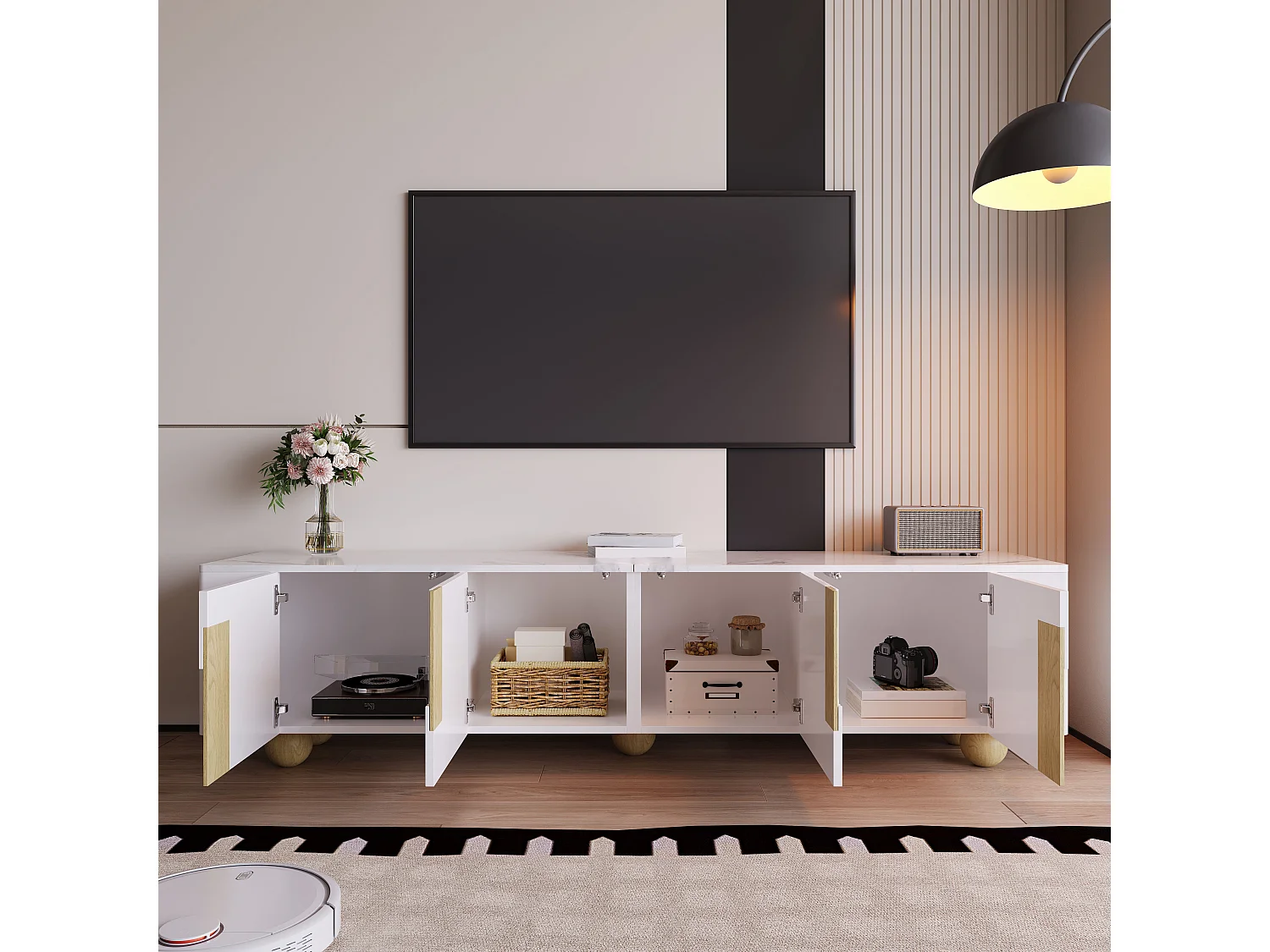 Móvel TV MDF 180 cm com 4 portas, madeira branca, design moderno, sala de estar