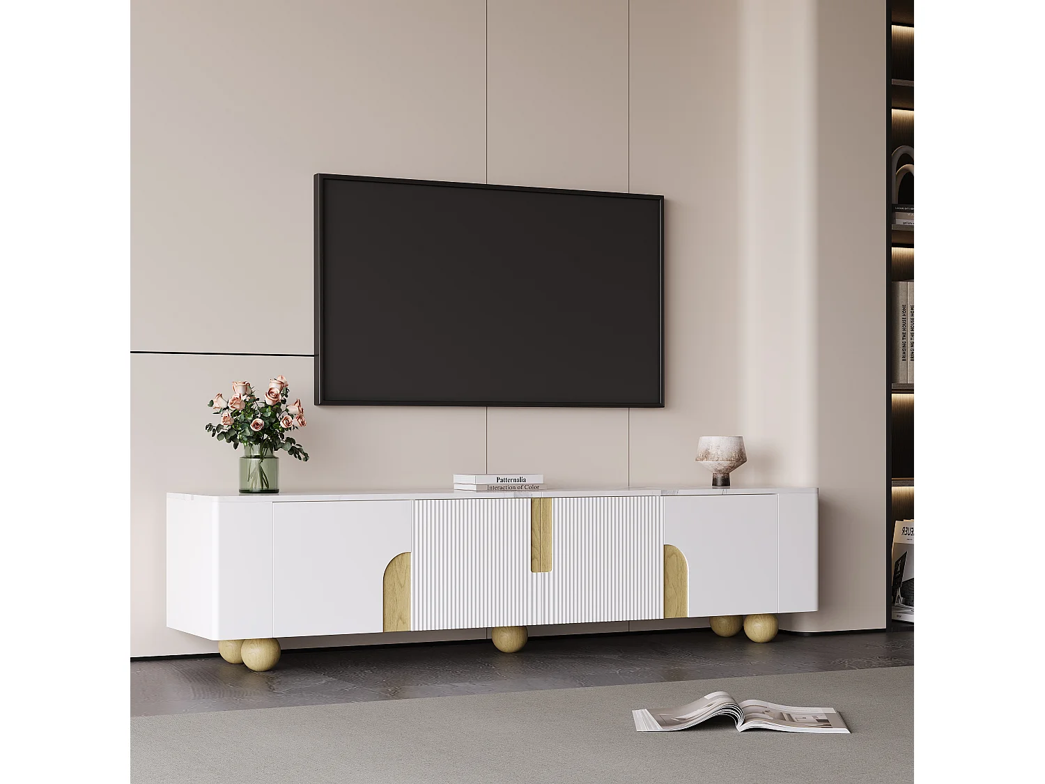 Móvel TV MDF 180 cm com 4 portas, madeira branca, design moderno, sala de estar
