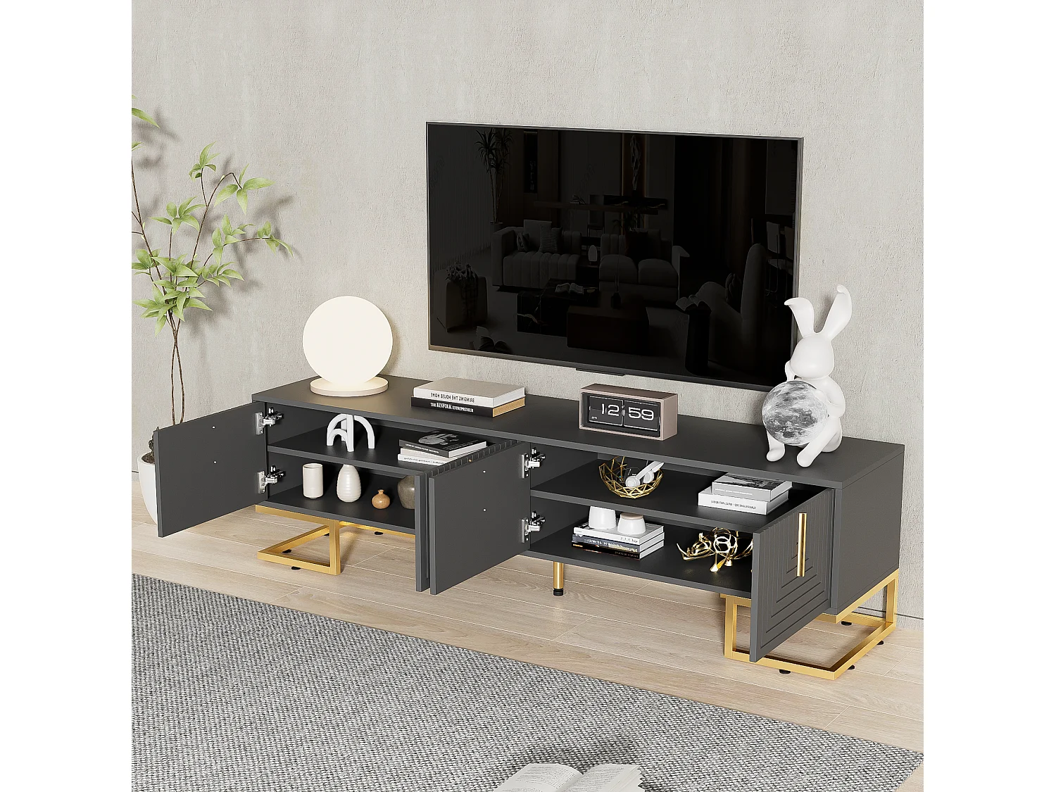 Mueble TV 170 cm MDF gris negro con puertas talladas patas doradas salón moderno