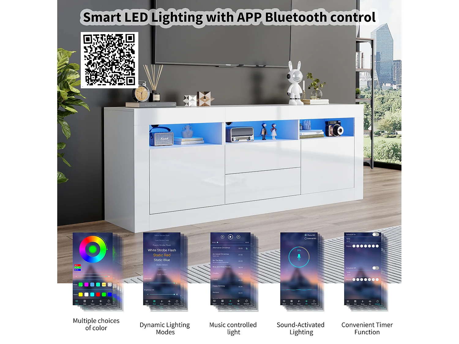 Meuble TV Blanc 160cm 3 Étagères LED Bluetooth 2 Portes 2 Tiroirs Commande APP Salon