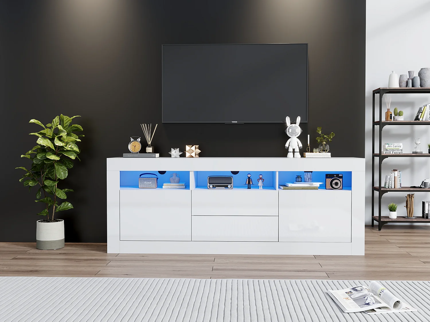 Meuble TV Blanc 160cm 3 Étagères LED Bluetooth 2 Portes 2 Tiroirs Commande APP Salon