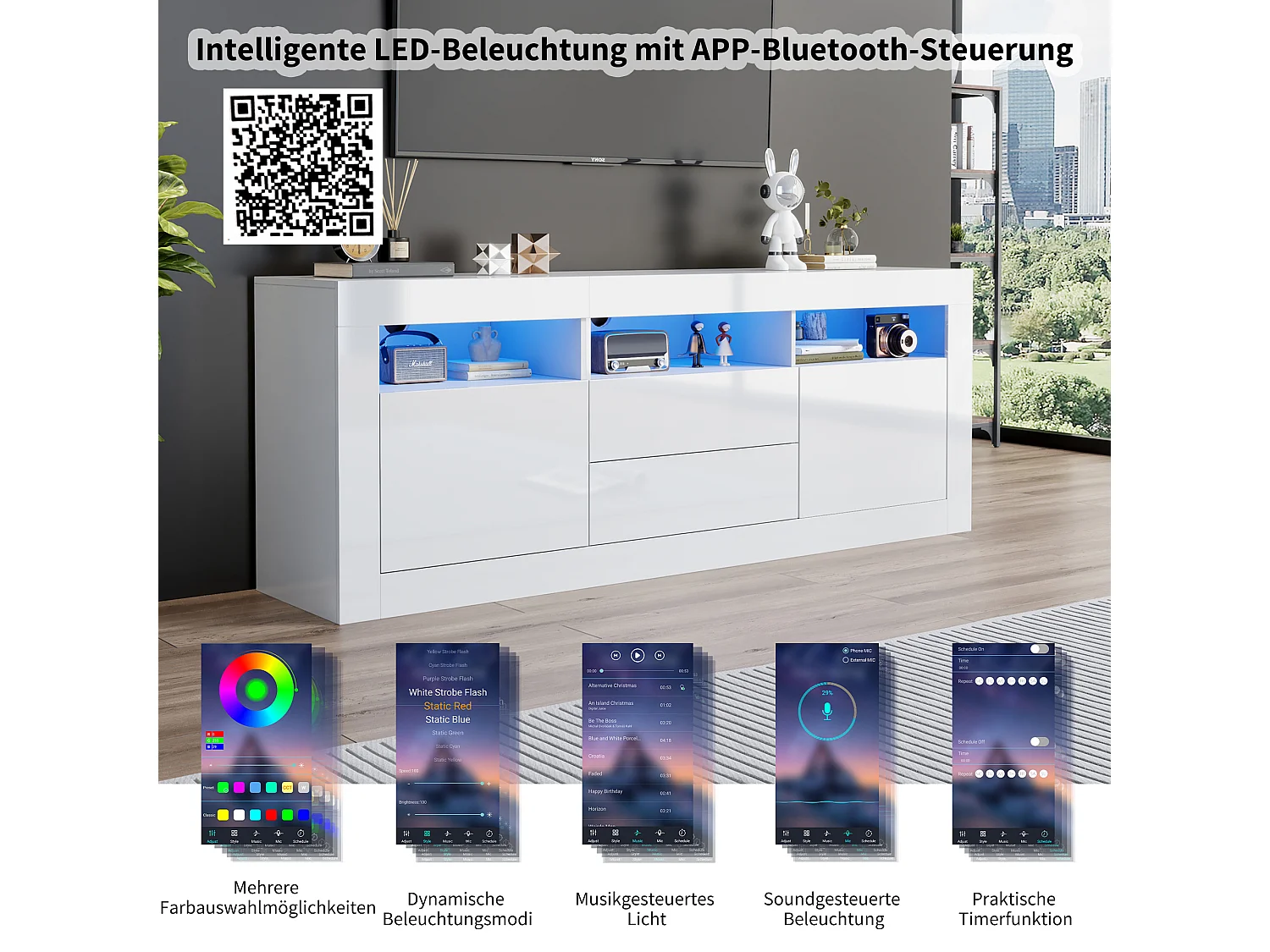 Meuble TV Blanc 160cm 3 Étagères LED Bluetooth 2 Portes 2 Tiroirs Commande APP Salon