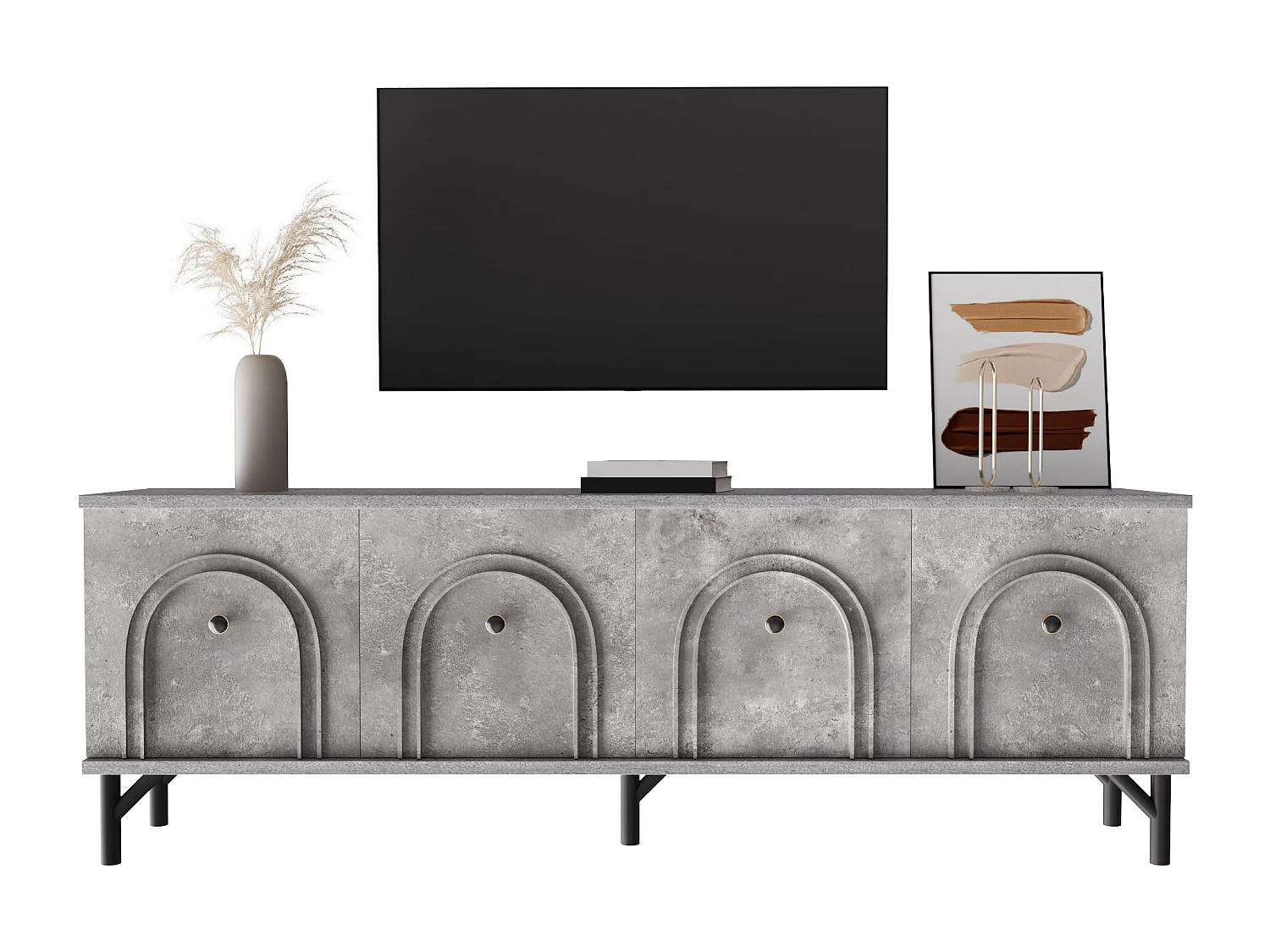 Móvel de TV moderno cinza 160 cm 4 portas de fechamento suave para sala de estar e área de relaxamento