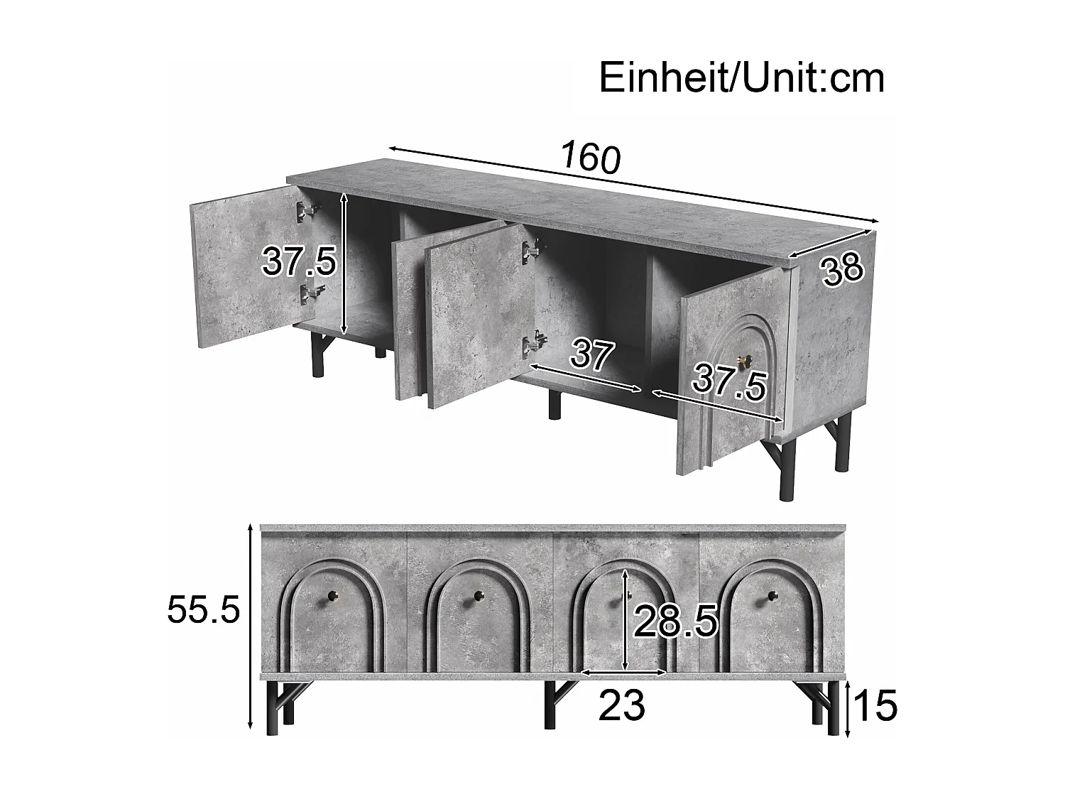 Móvel de TV moderno cinza 160 cm 4 portas de fechamento suave para sala de estar e área de relaxamento