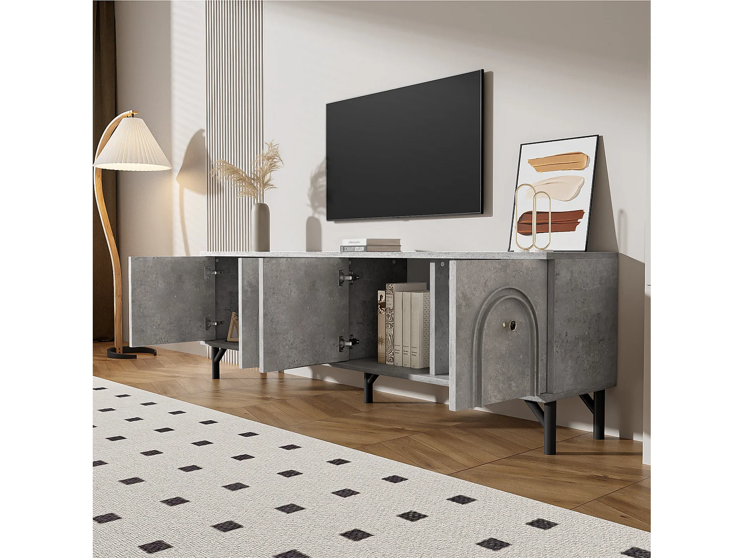 Móvel de TV moderno cinza 160 cm 4 portas de fechamento suave para sala de estar e área de relaxamento