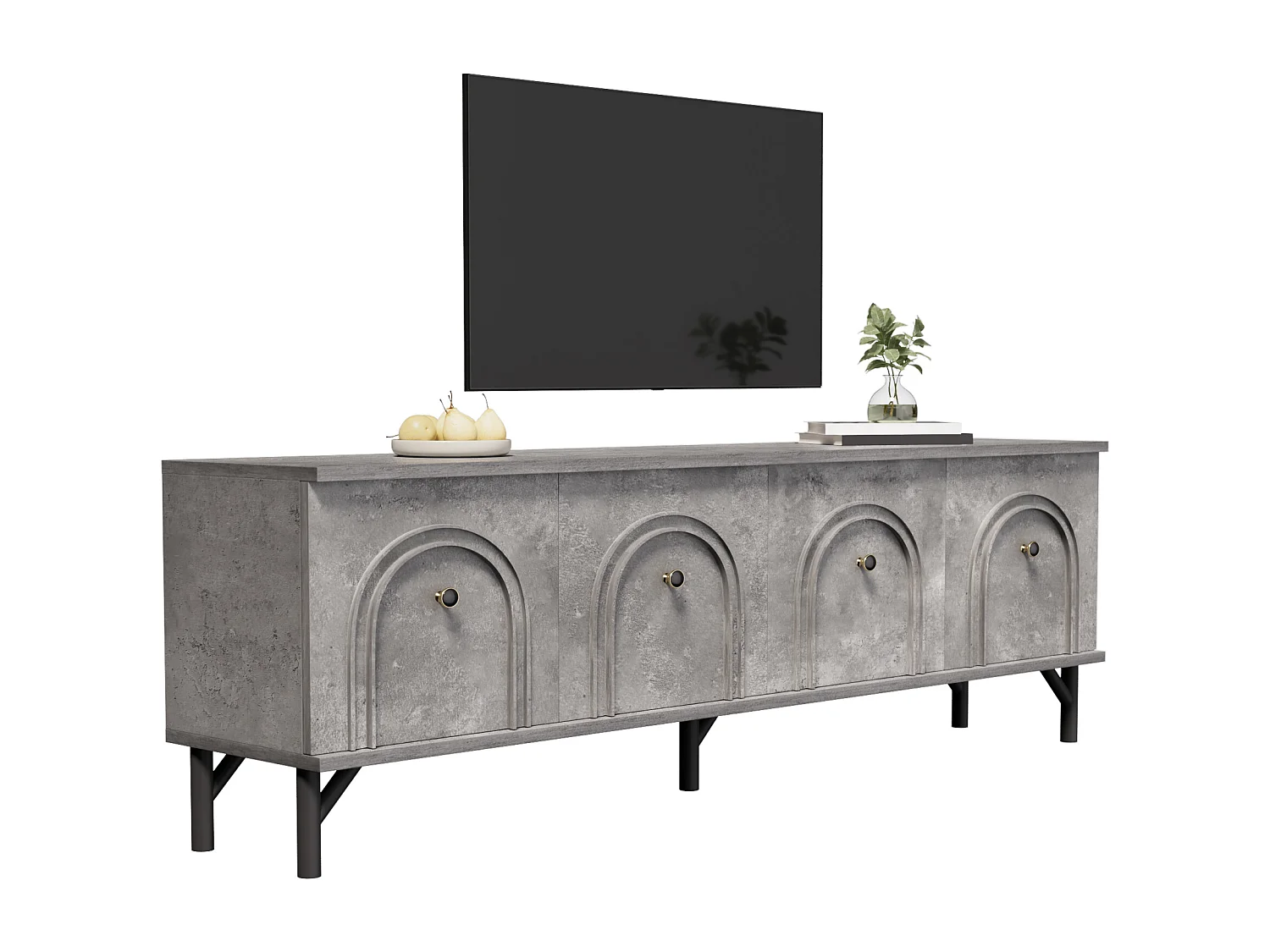 Móvel de TV moderno cinza 160 cm 4 portas de fechamento suave para sala de estar e área de relaxamento