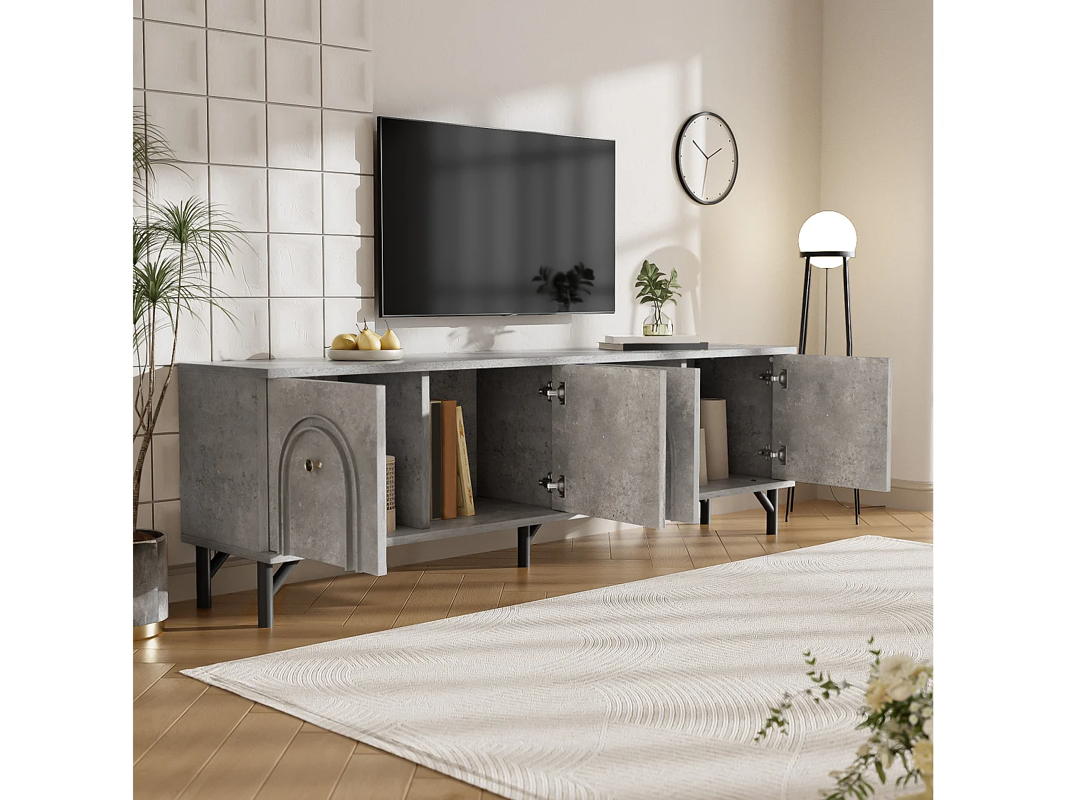 Móvel de TV moderno cinza 160 cm 4 portas de fechamento suave para sala de estar e área de relaxamento