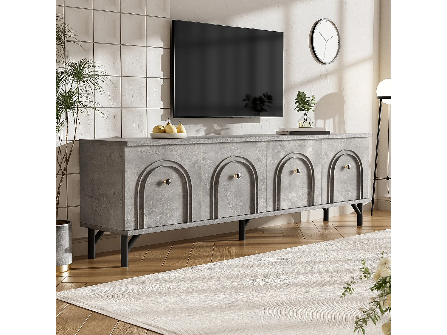 Móvel de TV moderno cinza 160 cm 4 portas de fechamento suave para sala de estar e área de relaxamento