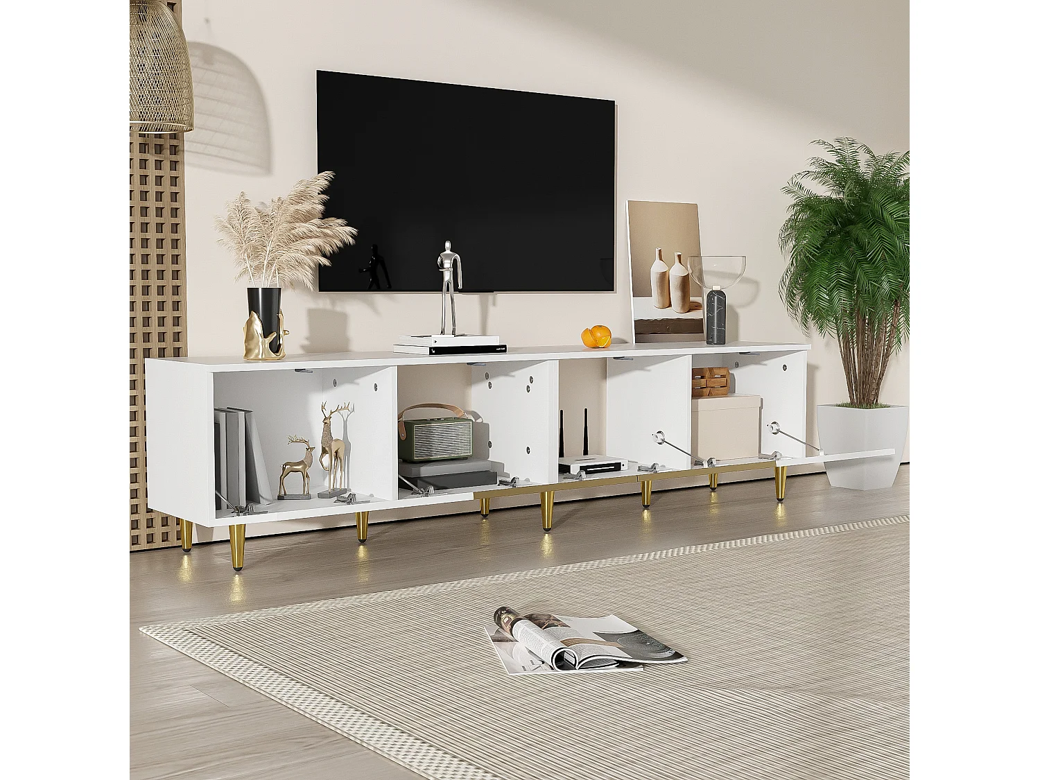 Mueble de TV moderno de 170 cm, blanco, con 4 puertas de cristal, para salón, montaje en pared
