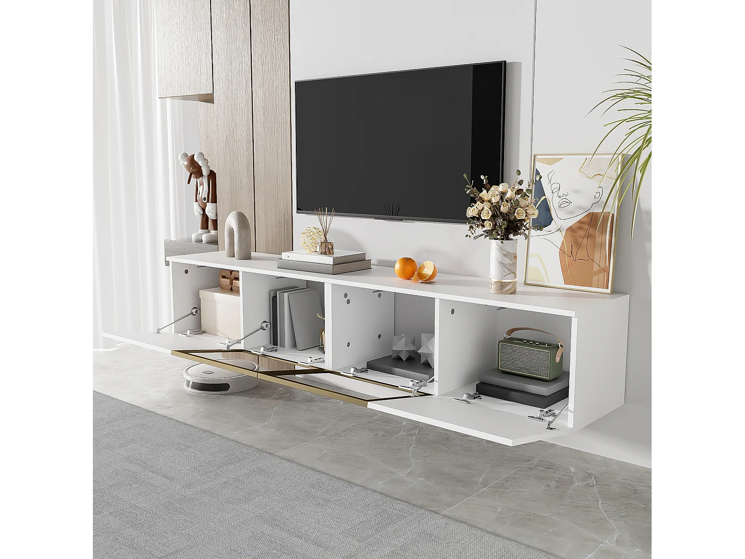 Mueble de TV moderno de 170 cm, blanco, con 4 puertas de cristal, para salón, montaje en pared