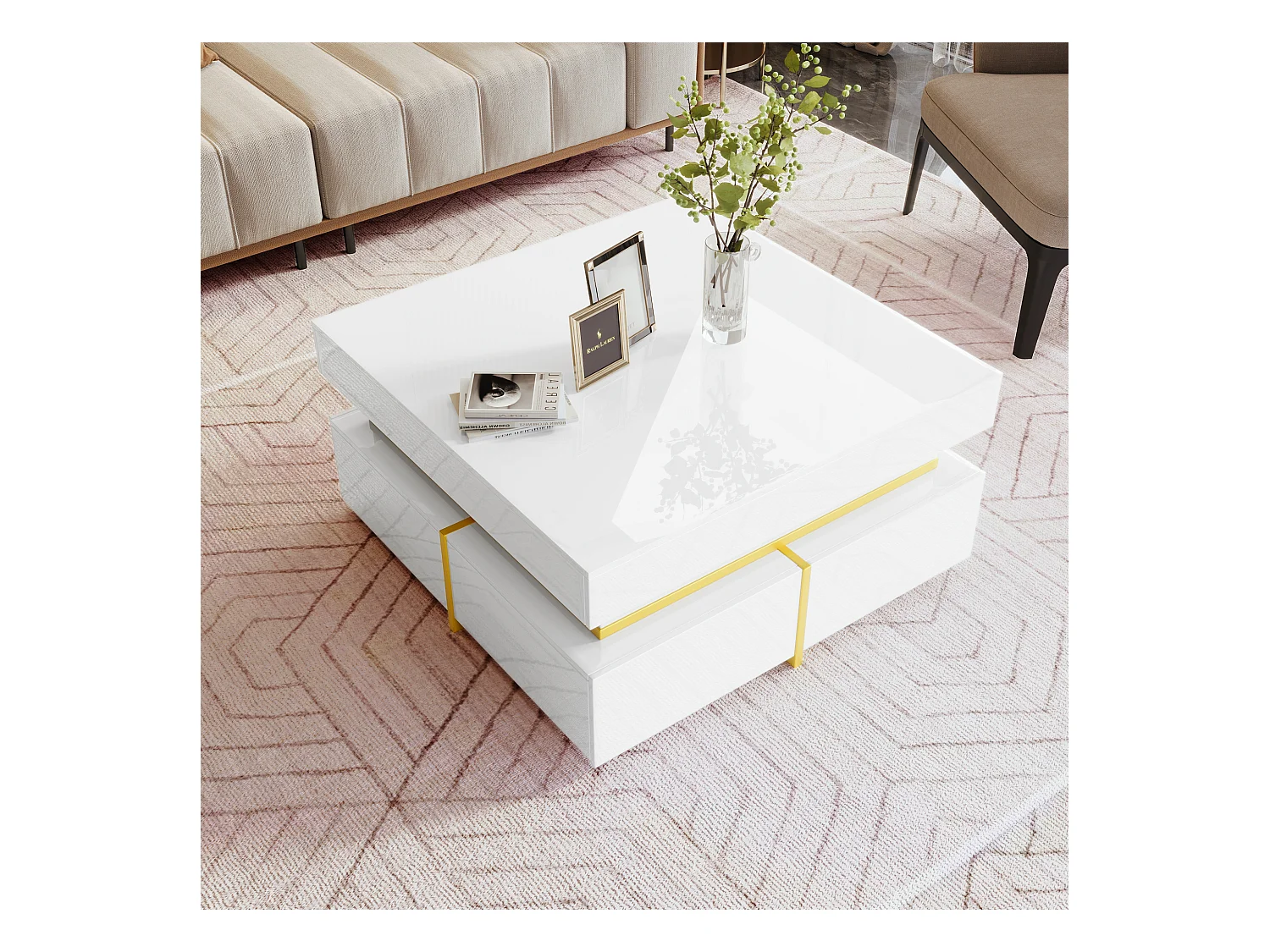 Table basse brillante avec tiroirs et accents dorés, design moderne pour salon élégant