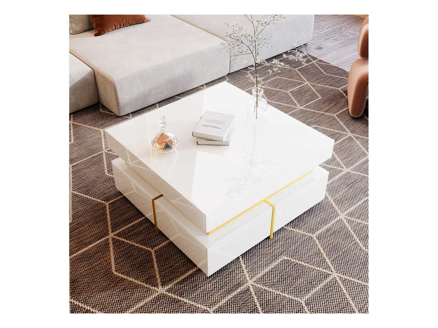 Table basse brillante avec tiroirs et accents dorés, design moderne pour salon élégant