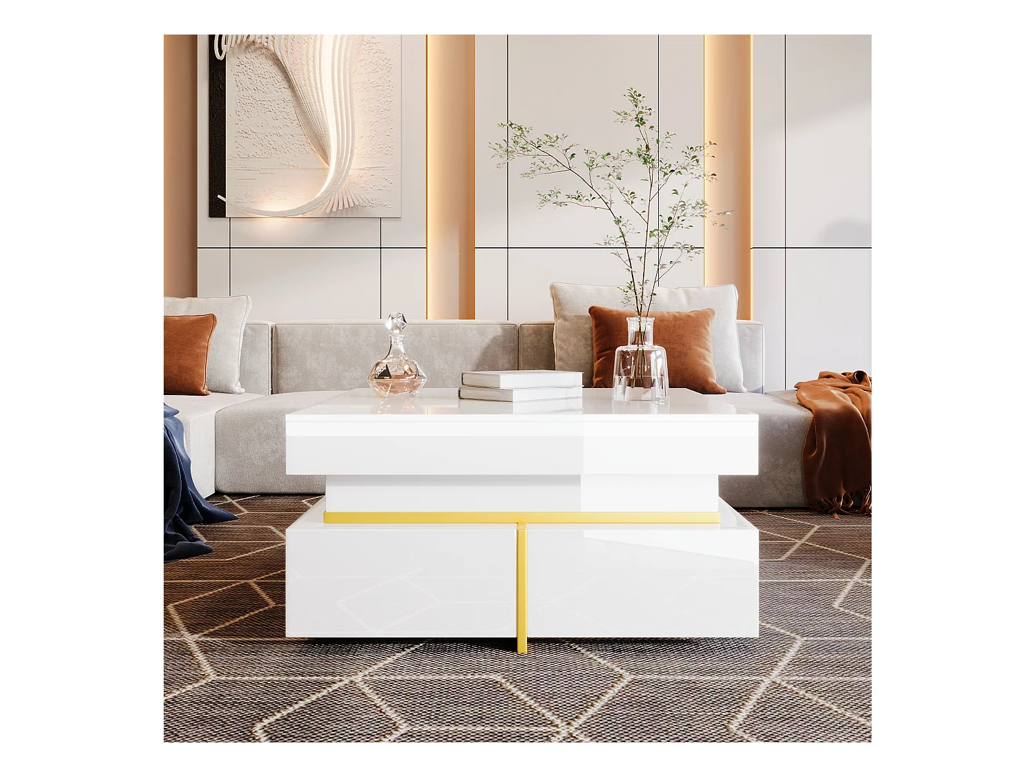 Table basse brillante avec tiroirs et accents dorés, design moderne pour salon élégant