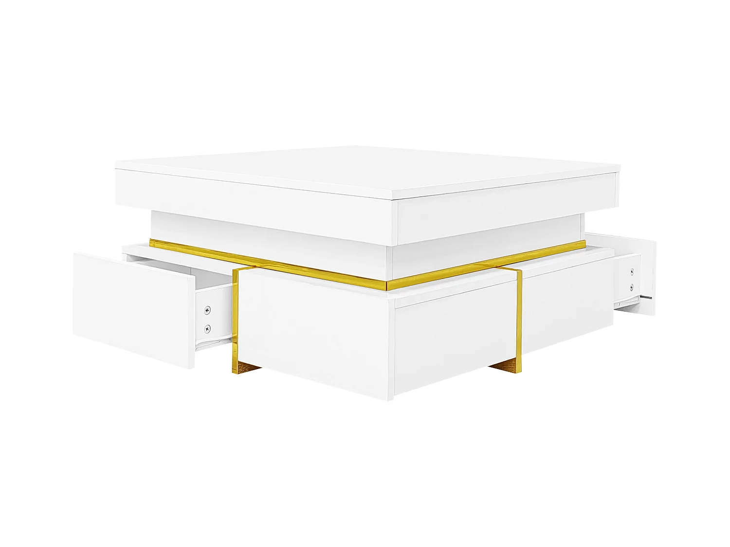 Table basse brillante avec tiroirs et accents dorés, design moderne pour salon élégant