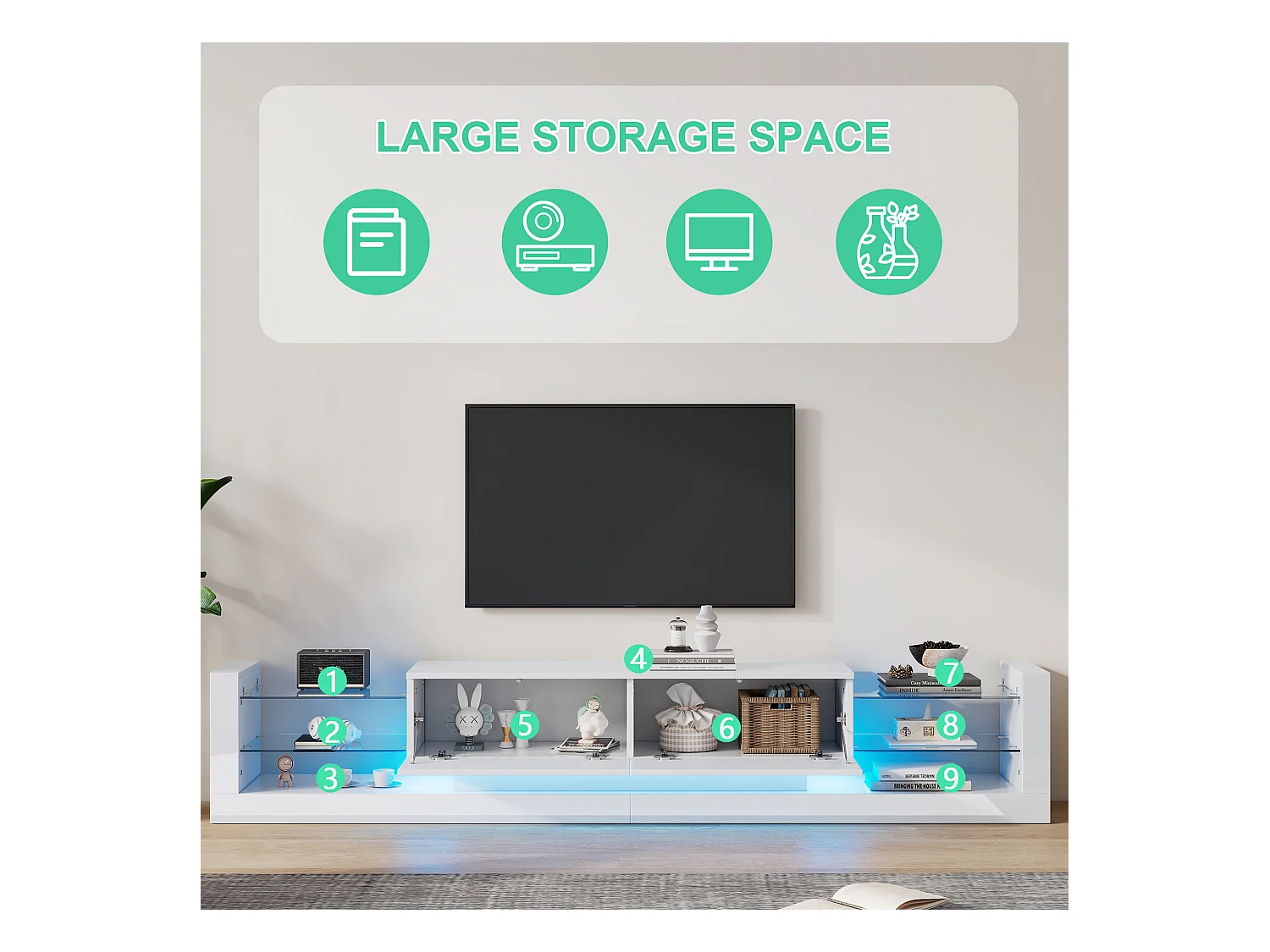 Suporte de TV branco 181 cm LED Vidro 2 gavetas basculantes Iluminação para sala de estar de 80 polegadas