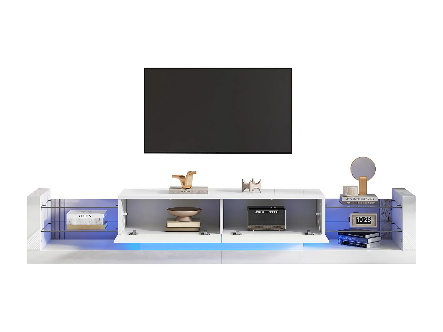 Suporte de TV branco 181 cm LED Vidro 2 gavetas basculantes Iluminação para sala de estar de 80 polegadas