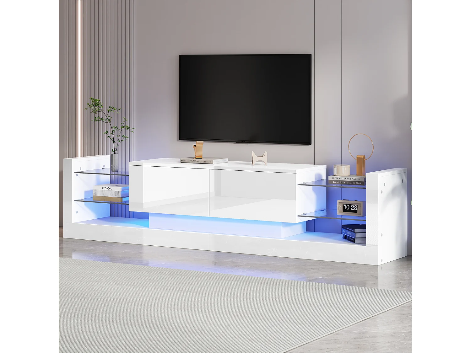 Mobile TV Bianco 181 cm LED Verre 2 Tiroirs Basculants Éclairage pour 80 Pouces Salon