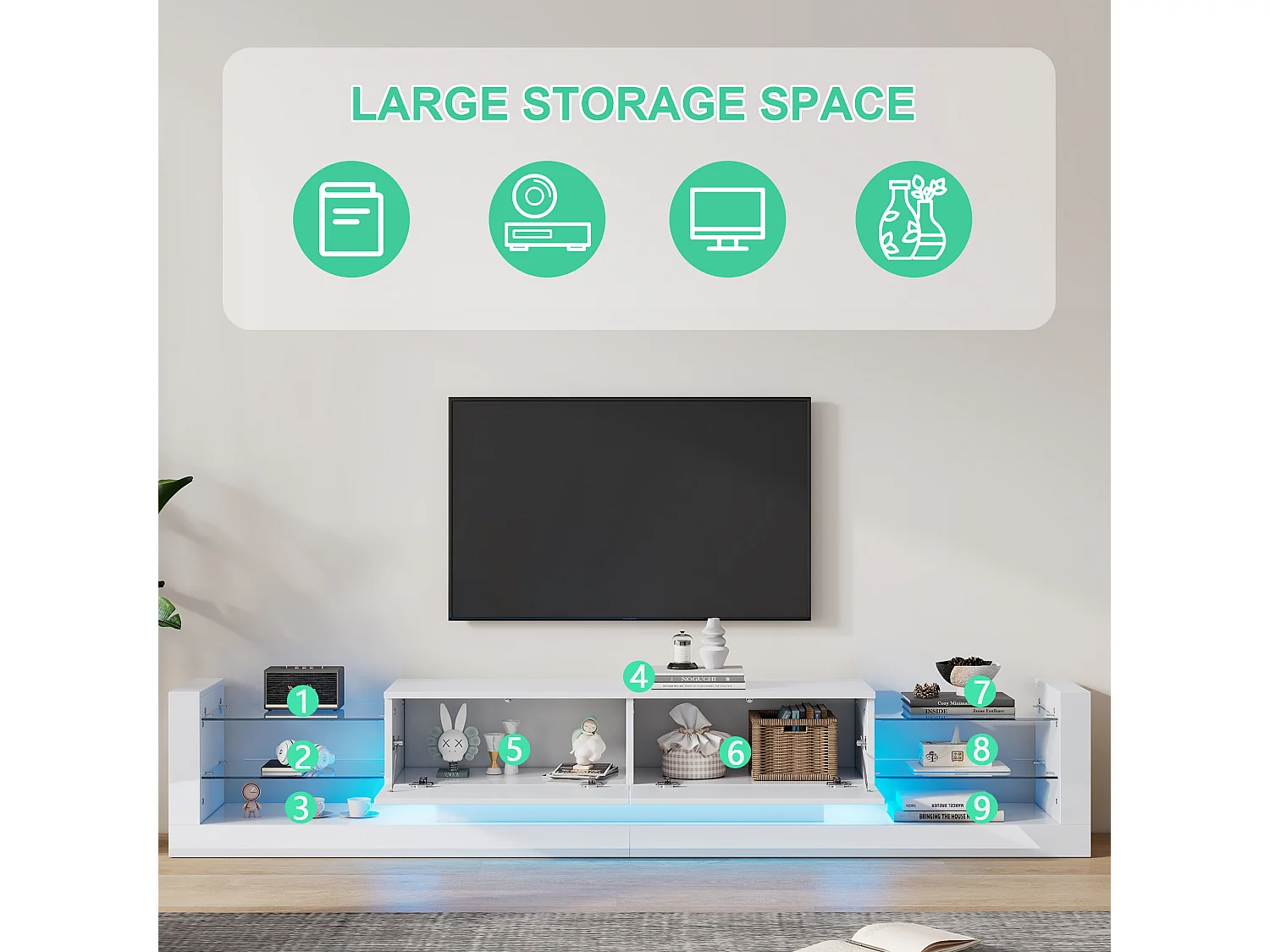 Mobile TV Bianco 181 cm LED Verre 2 Tiroirs Basculants Éclairage pour 80 Pouces Salon