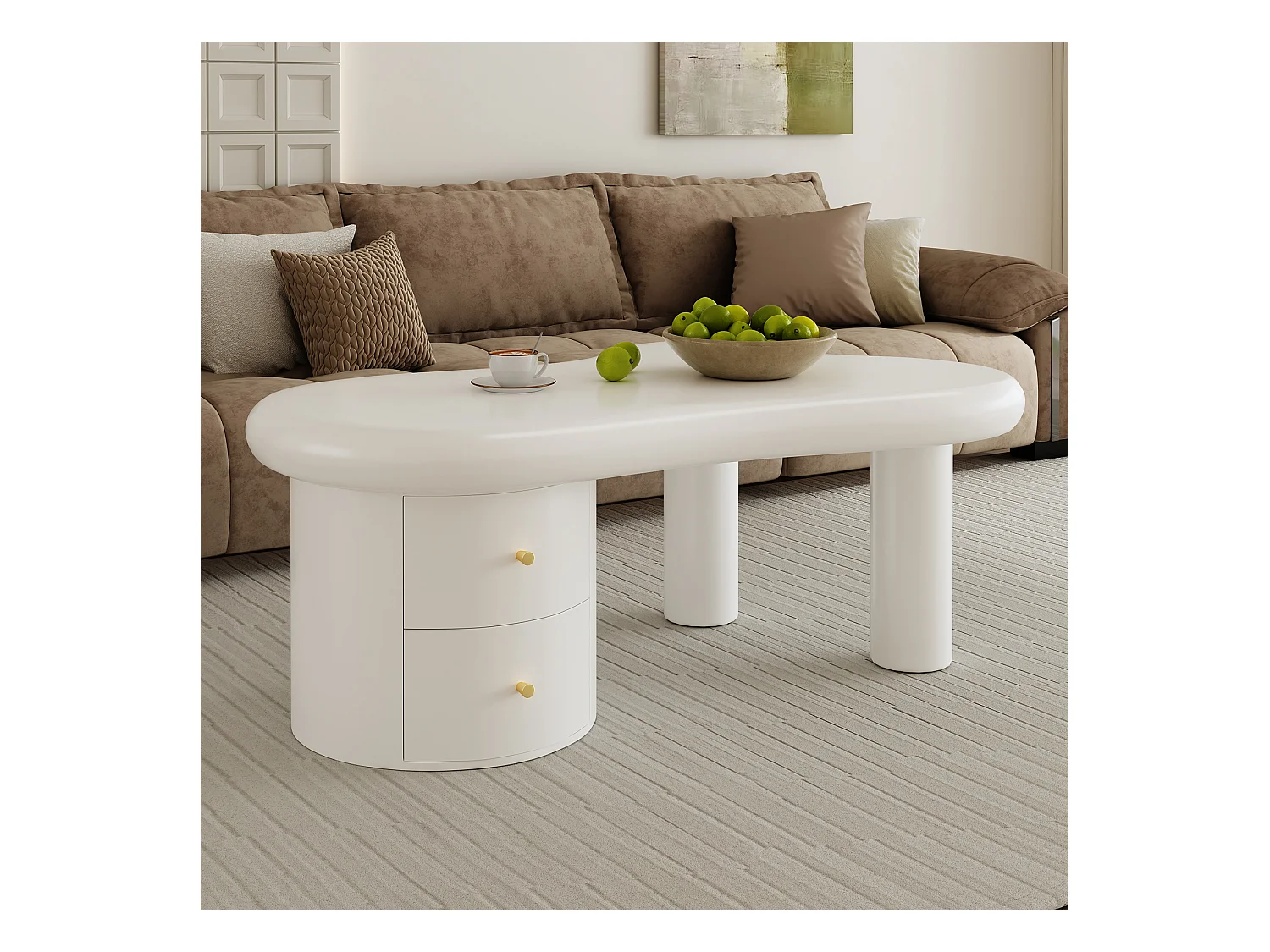 Table basse blanche moderne à forme irrégulière – 2 tiroirs, gain de place, élégante et stable – Idéale pour salon et usage polyvalent
