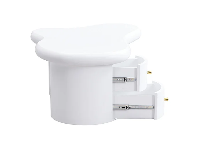 Table basse blanche moderne à forme irrégulière – 2 tiroirs, gain de place, élégante et stable – Idéale pour salon et usage polyvalent