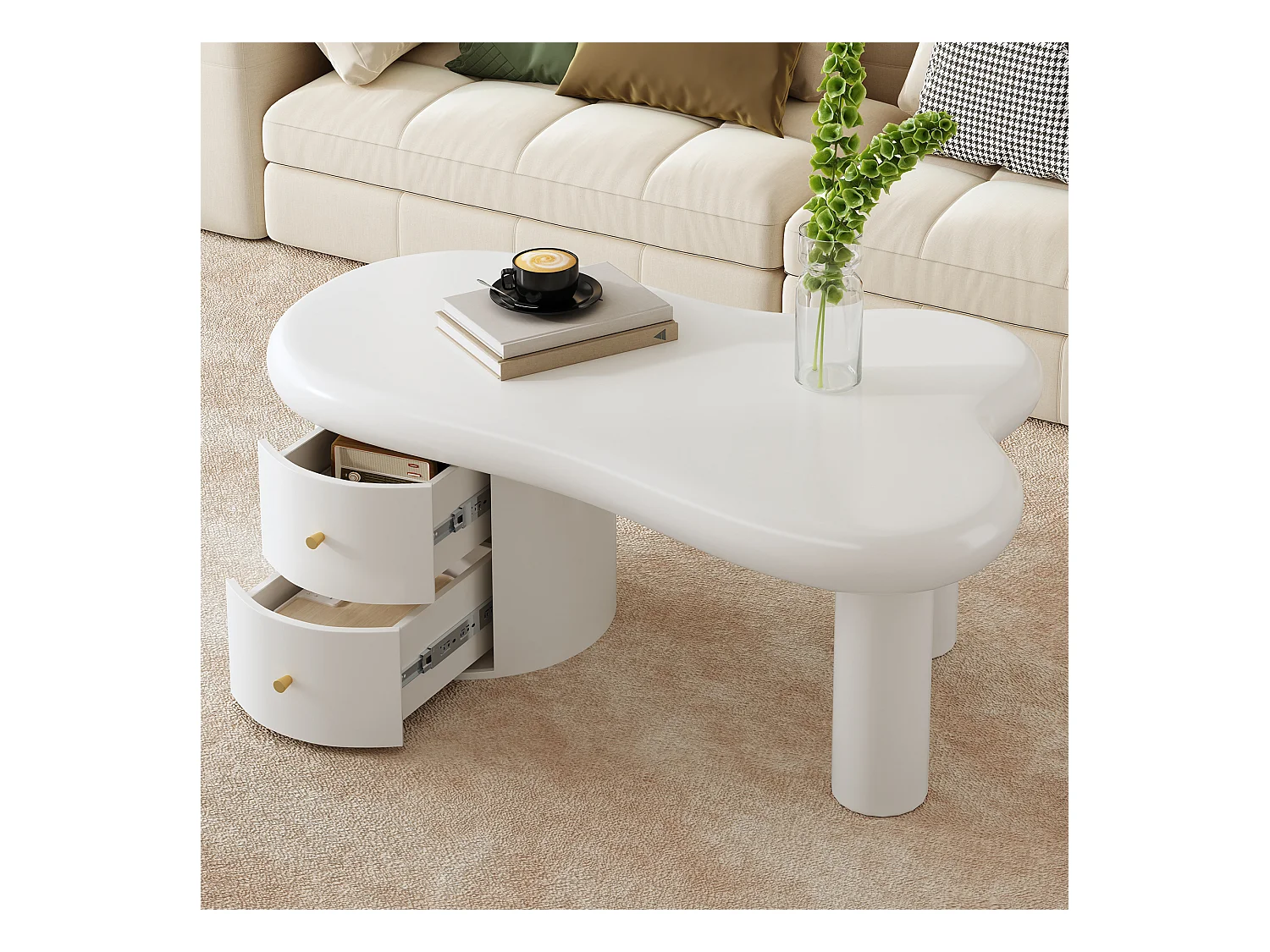 Table basse blanche moderne à forme irrégulière – 2 tiroirs, gain de place, élégante et stable – Idéale pour salon et usage polyvalent