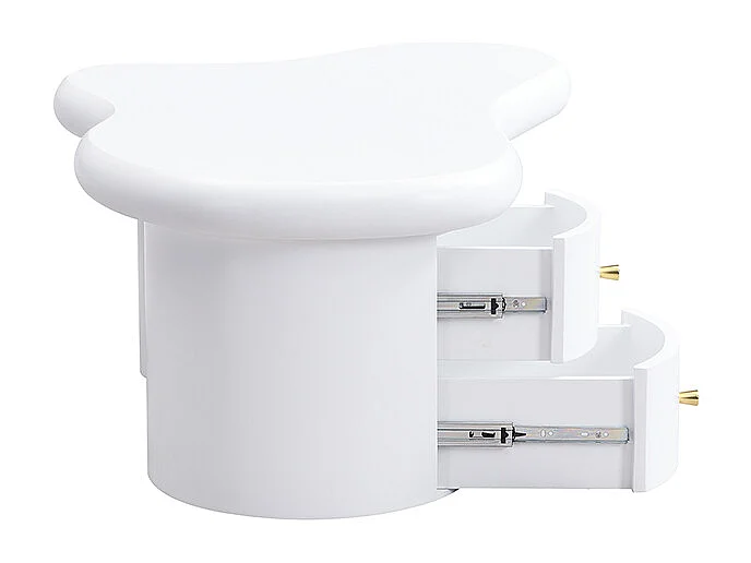 Table basse blanche moderne à forme irrégulière – 2 tiroirs, gain de place, élégante et stable – Idéale pour salon et usage polyvalent
