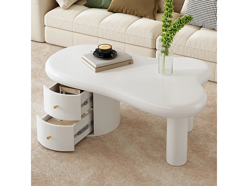 Table basse blanche moderne à forme irrégulière – 2 tiroirs, gain de place, élégante et stable – Idéale pour salon et usage polyvalent